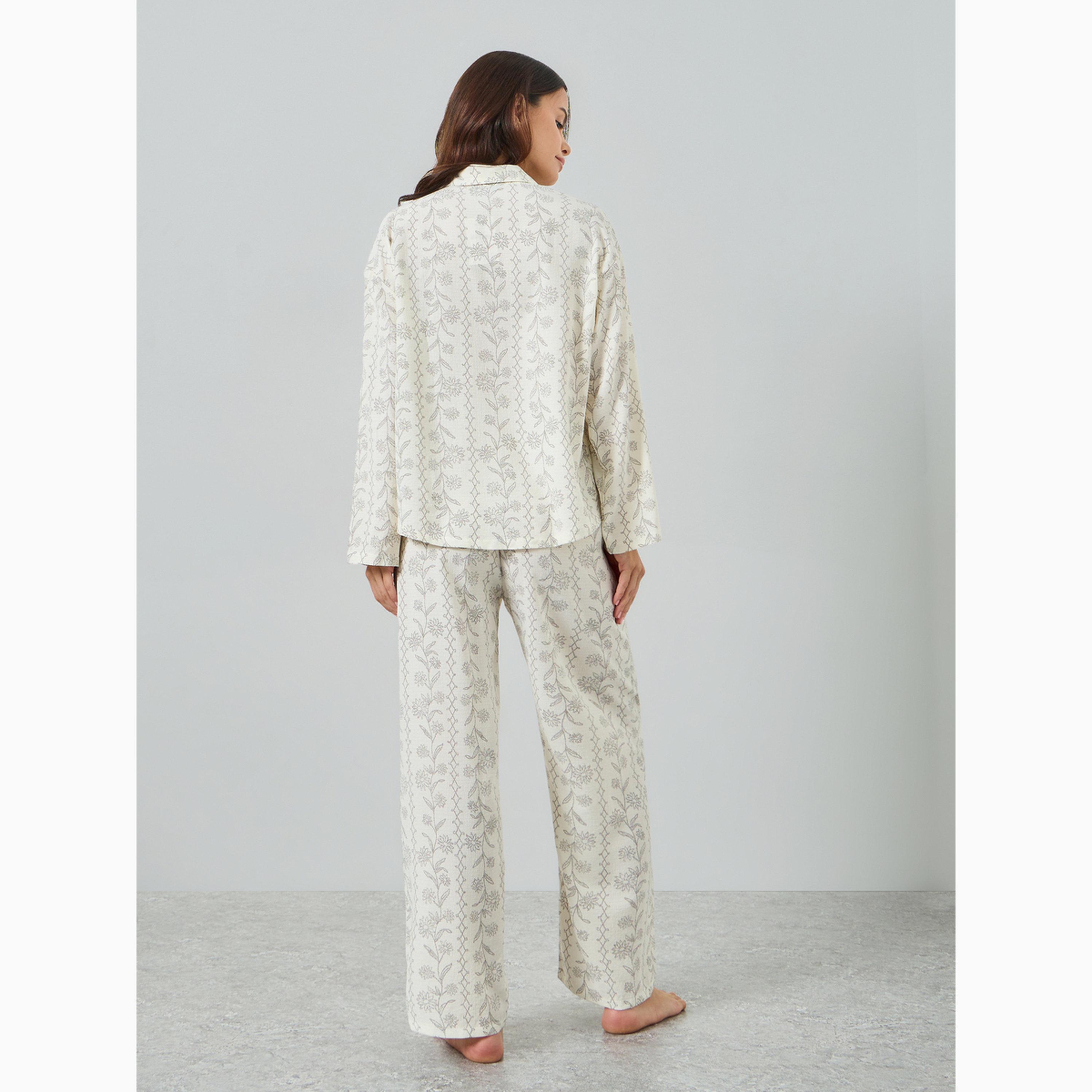 Styli Cream Floral Print Shirt and Pyjama Set-women-clothing-nightwear-pyjamas-longsets-image-5