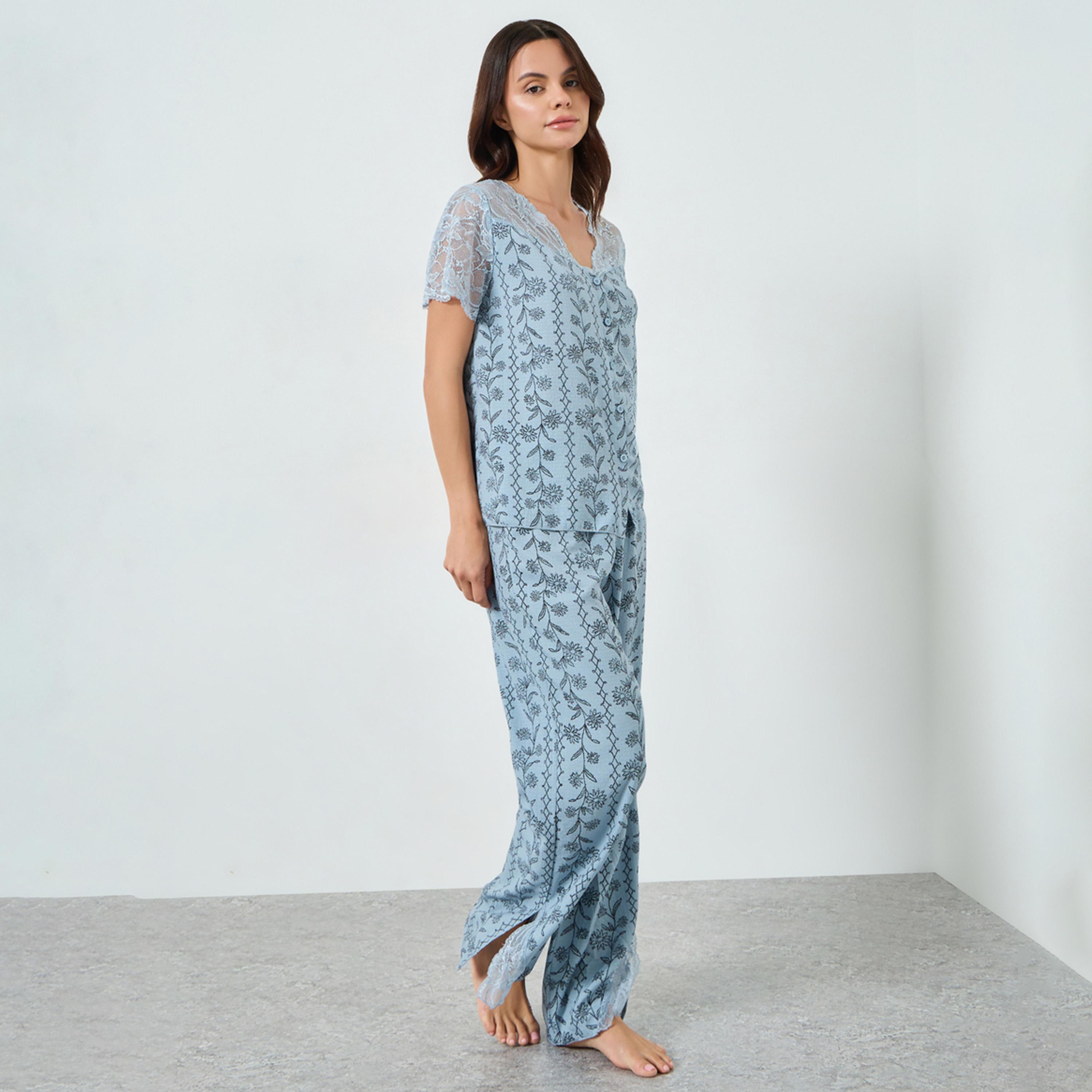 Styli Blue Floral Print Lace Trim Top and Pyjama Set-women-clothing-nightwear-pyjamas-longsets-image-1