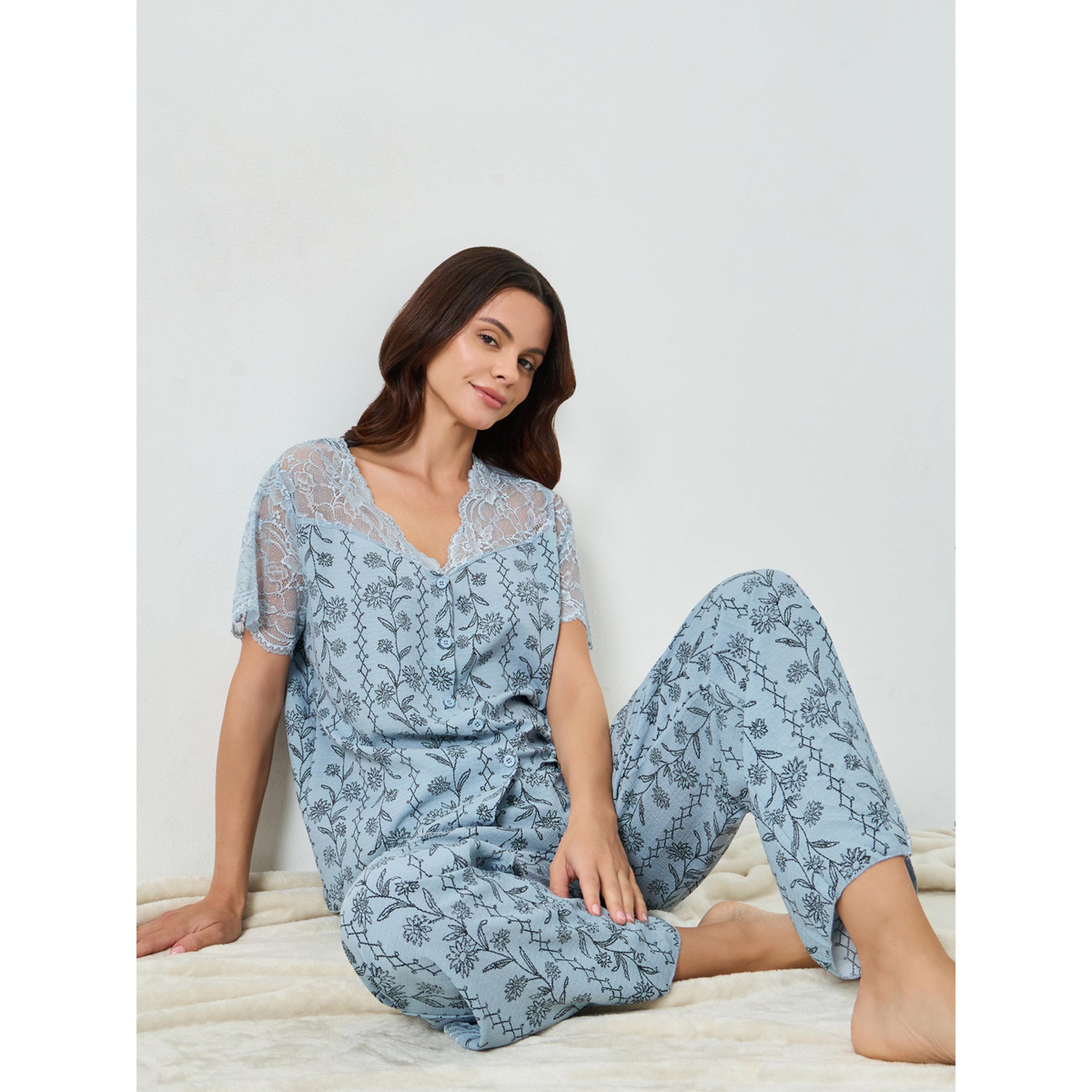 Styli Blue Floral Print Lace Trim Top and Pyjama Set-women-clothing-nightwear-pyjamas-longsets-image-2