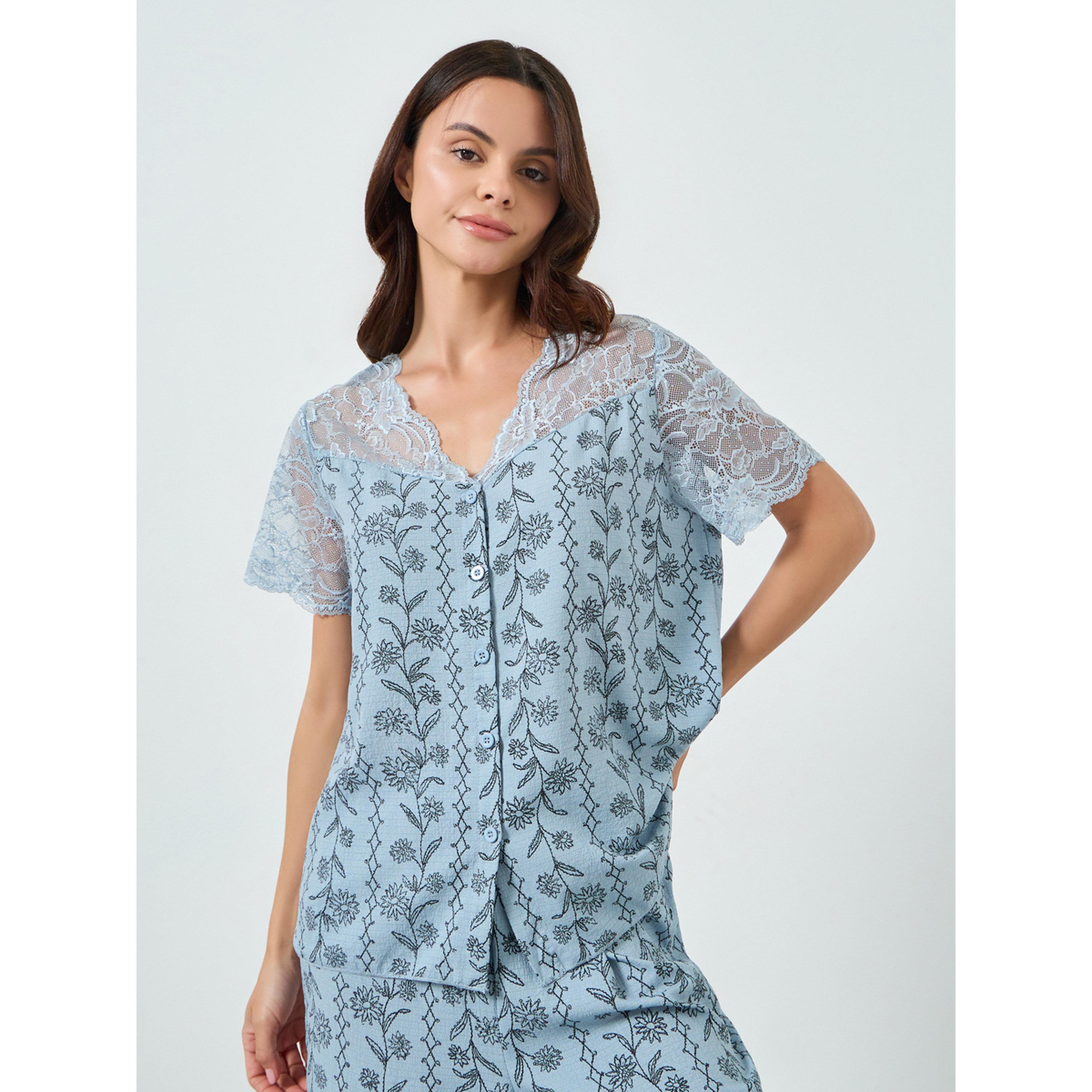Styli Blue Floral Print Lace Trim Top and Pyjama Set-women-clothing-nightwear-pyjamas-longsets-image-3