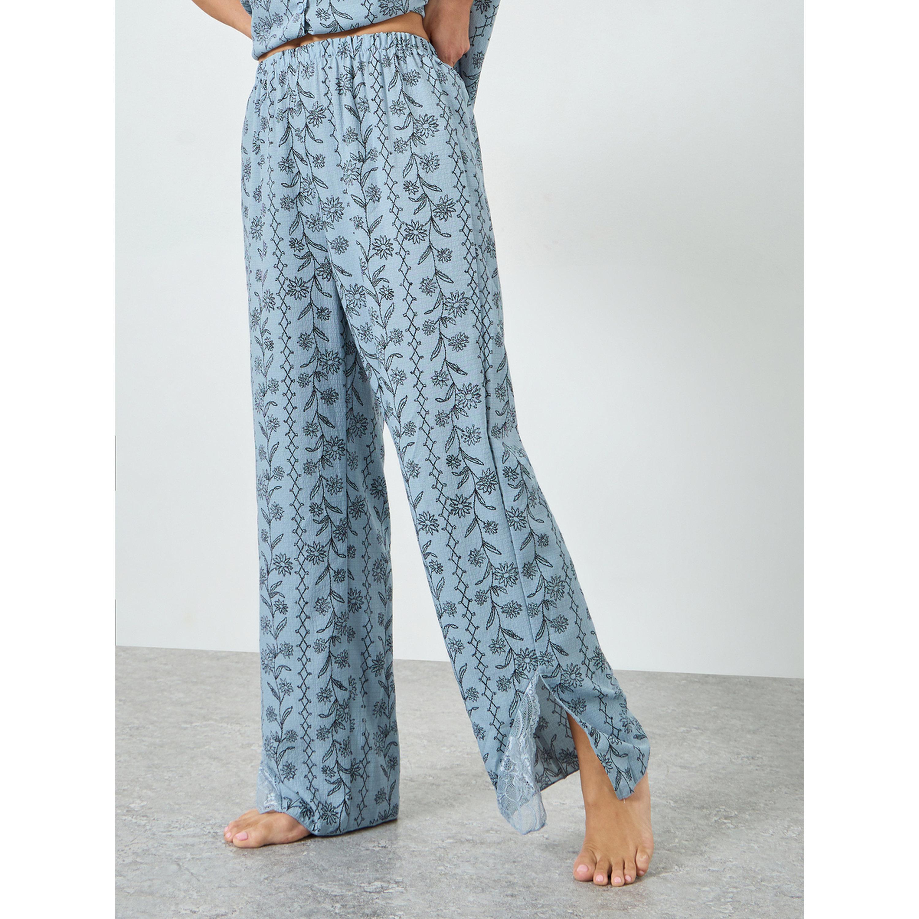 Styli Blue Floral Print Lace Trim Top and Pyjama Set-women-clothing-nightwear-pyjamas-longsets-image-5