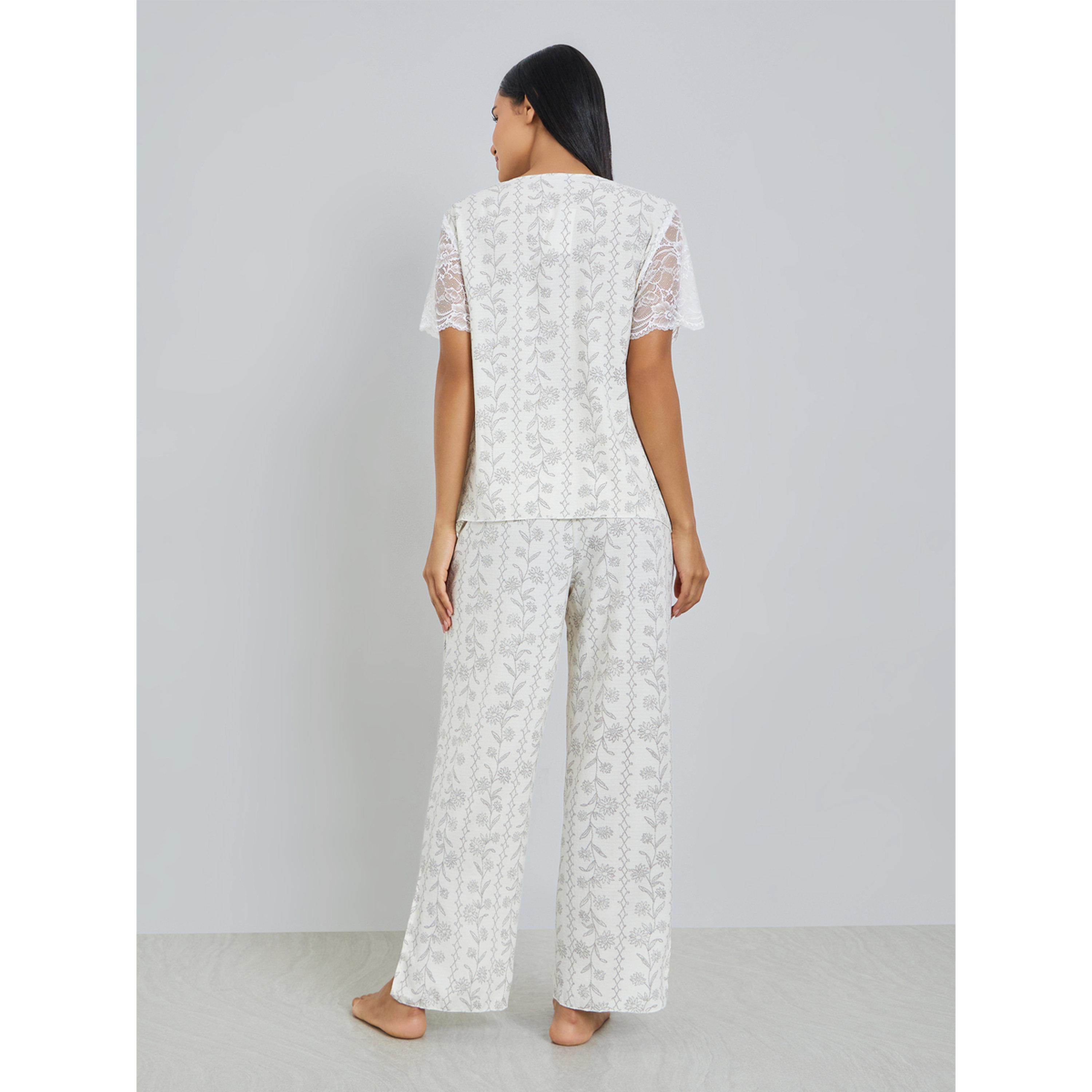 Styli Floral Print Lace Trim Top and Pyjama Set-women-clothing-nightwear-pyjamas-longsets-image-3
