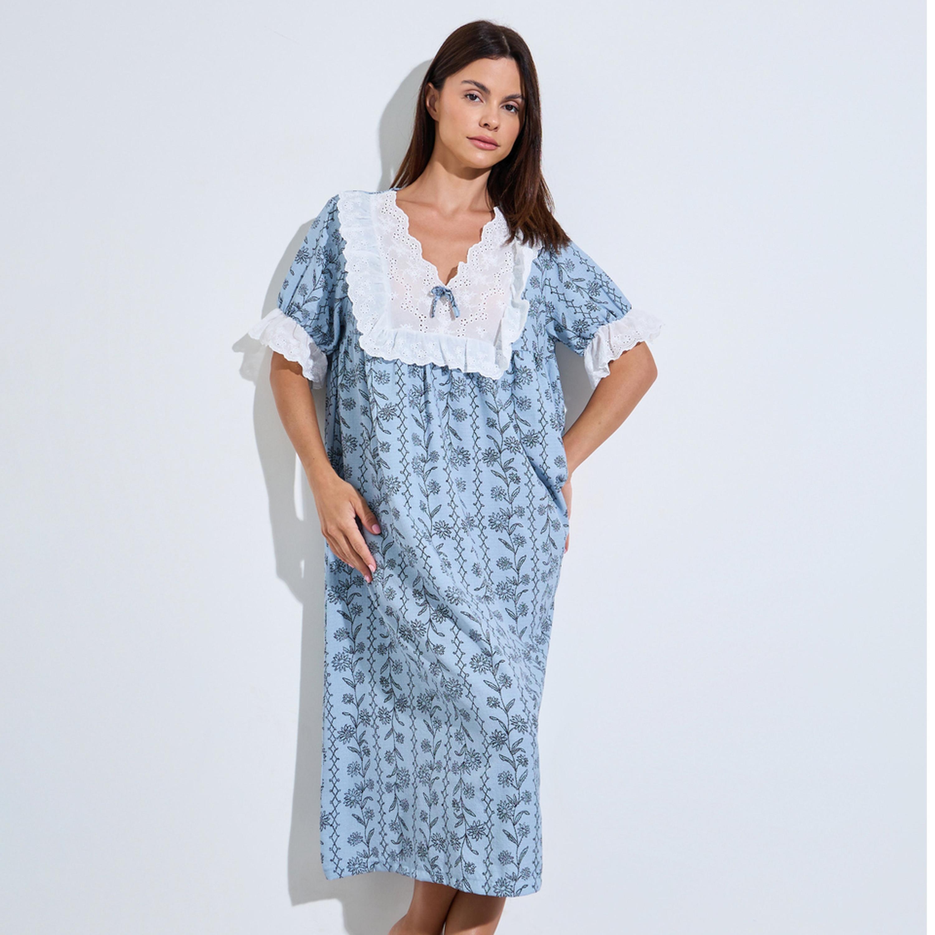 Styli Blue Floral Linear Print Ruffle Yoke Nightdress-women-clothing-nightwear-nighties-image-1