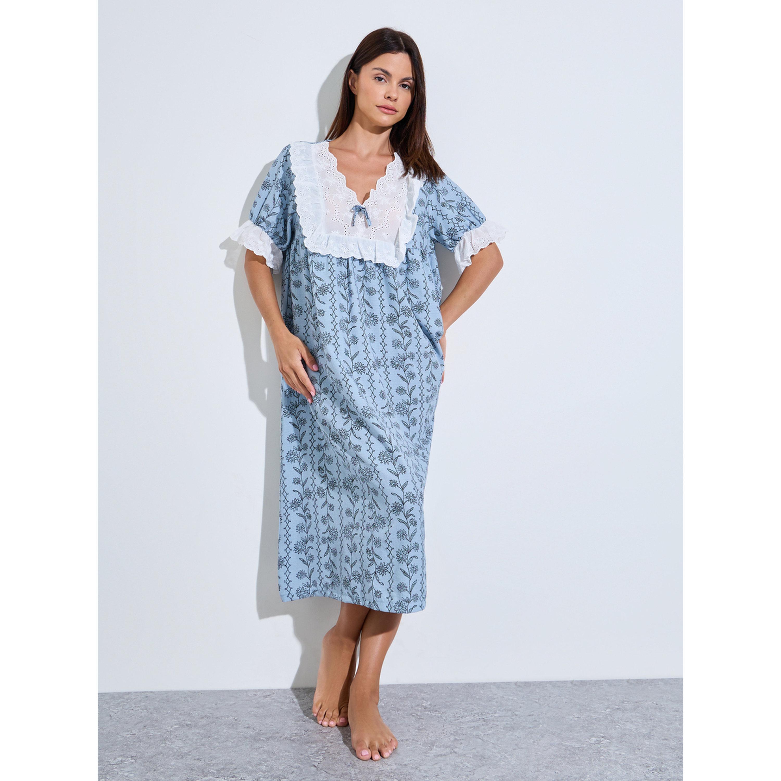 Styli Blue Floral Linear Print Ruffle Yoke Nightdress-women-clothing-nightwear-nighties-image-2