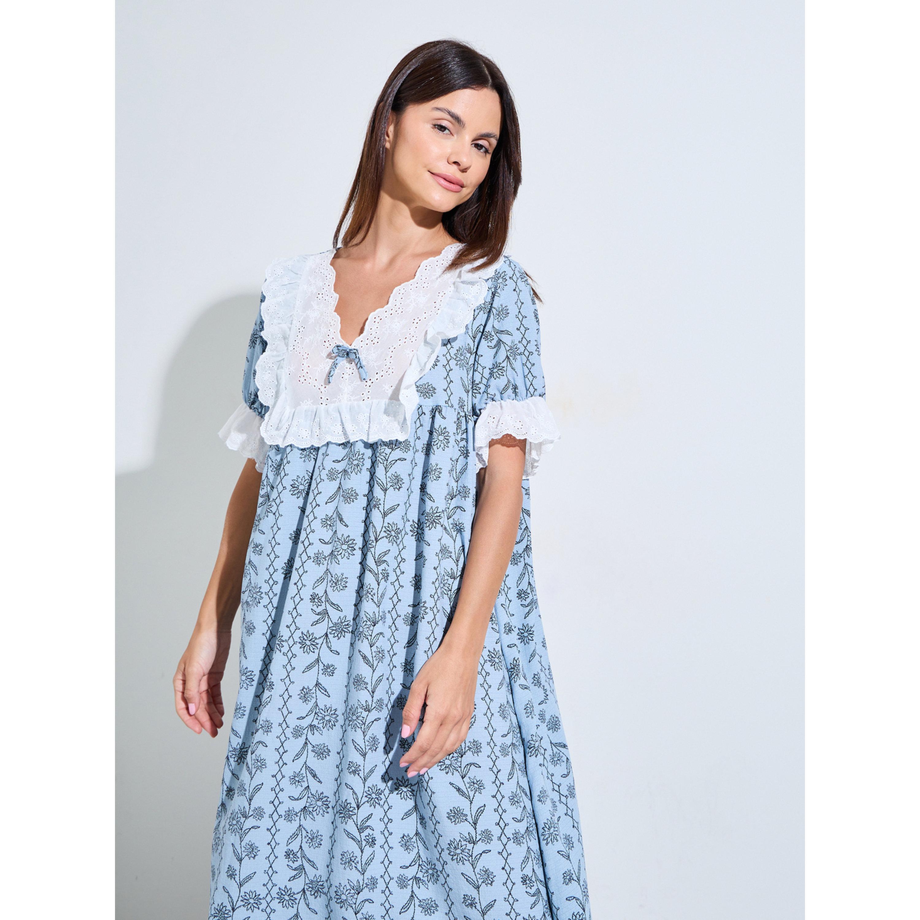 Styli Blue Floral Linear Print Ruffle Yoke Nightdress-women-clothing-nightwear-nighties-image-4