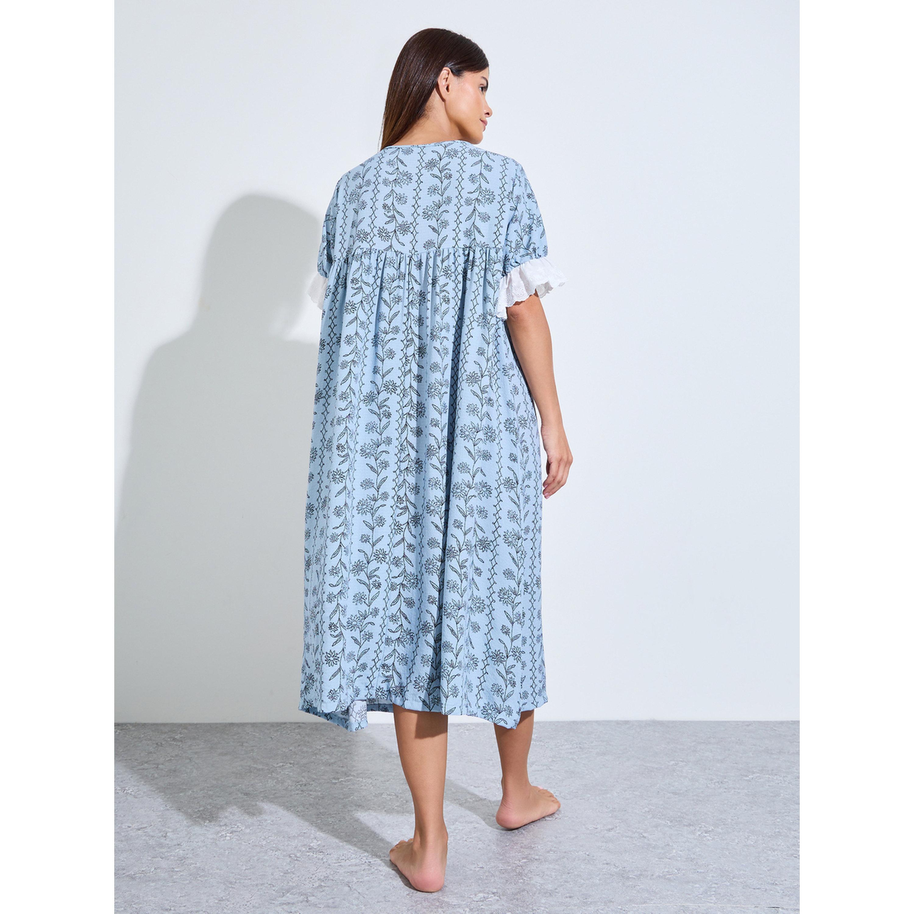 Styli Blue Floral Linear Print Ruffle Yoke Nightdress-women-clothing-nightwear-nighties-image-5