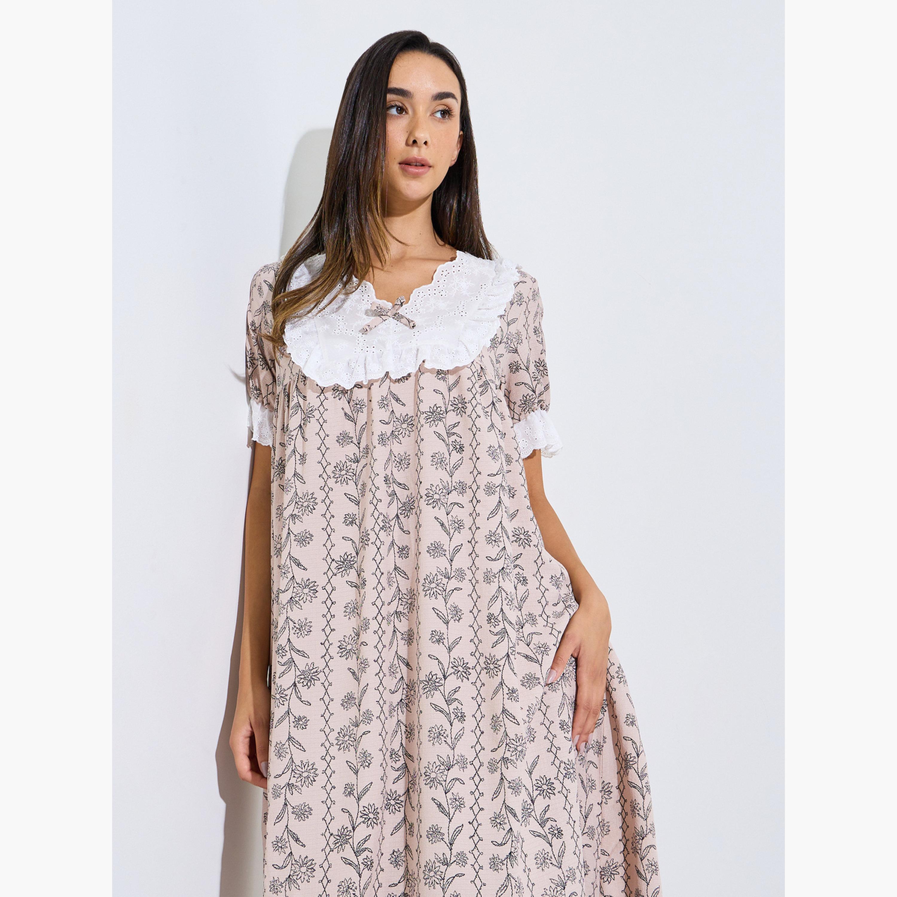 قميص نوم بكشكشة وطبعة زهور خطية-women-clothing-nightwear-nighties-image-4