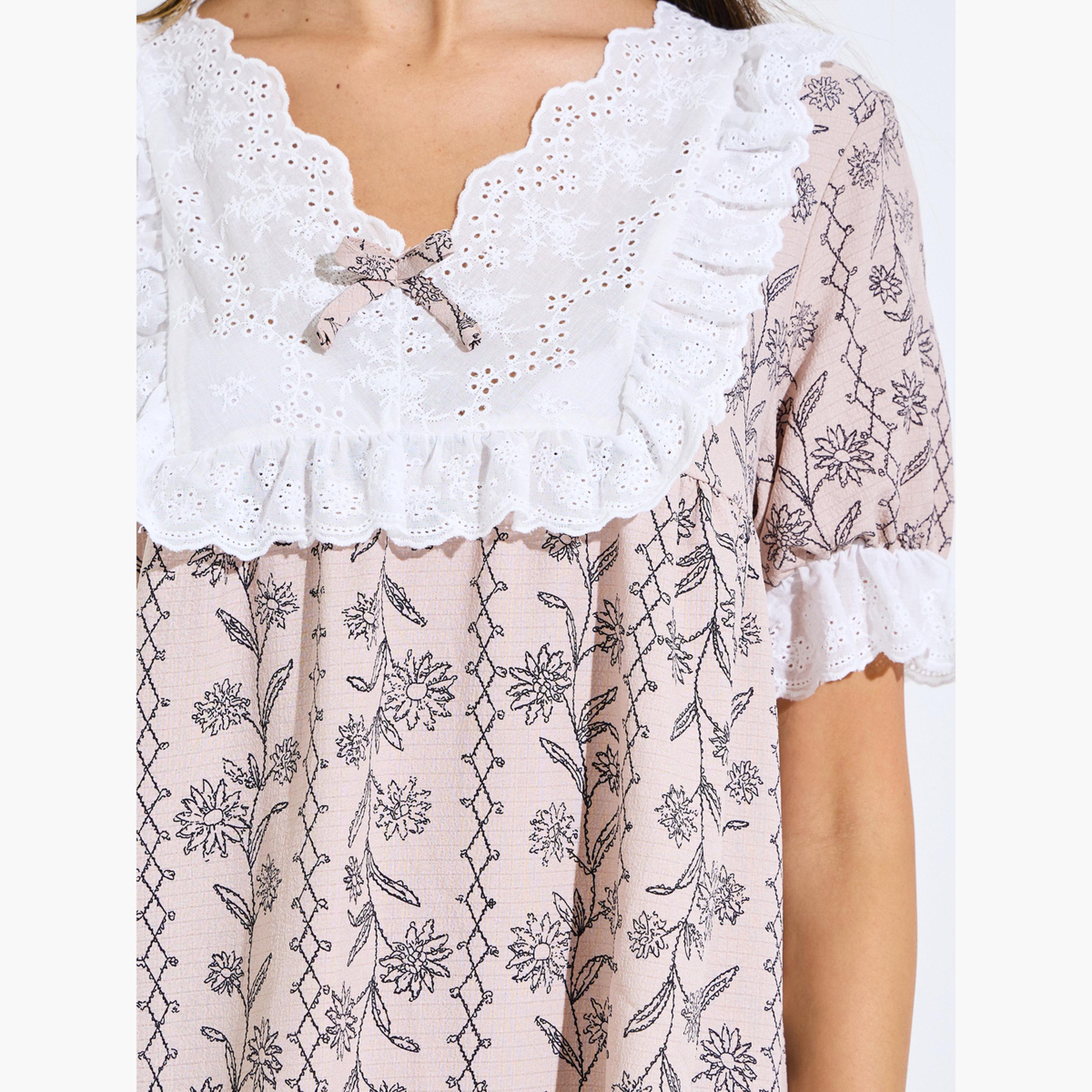 قميص نوم بكشكشة وطبعة زهور خطية-women-clothing-nightwear-nighties-image-6