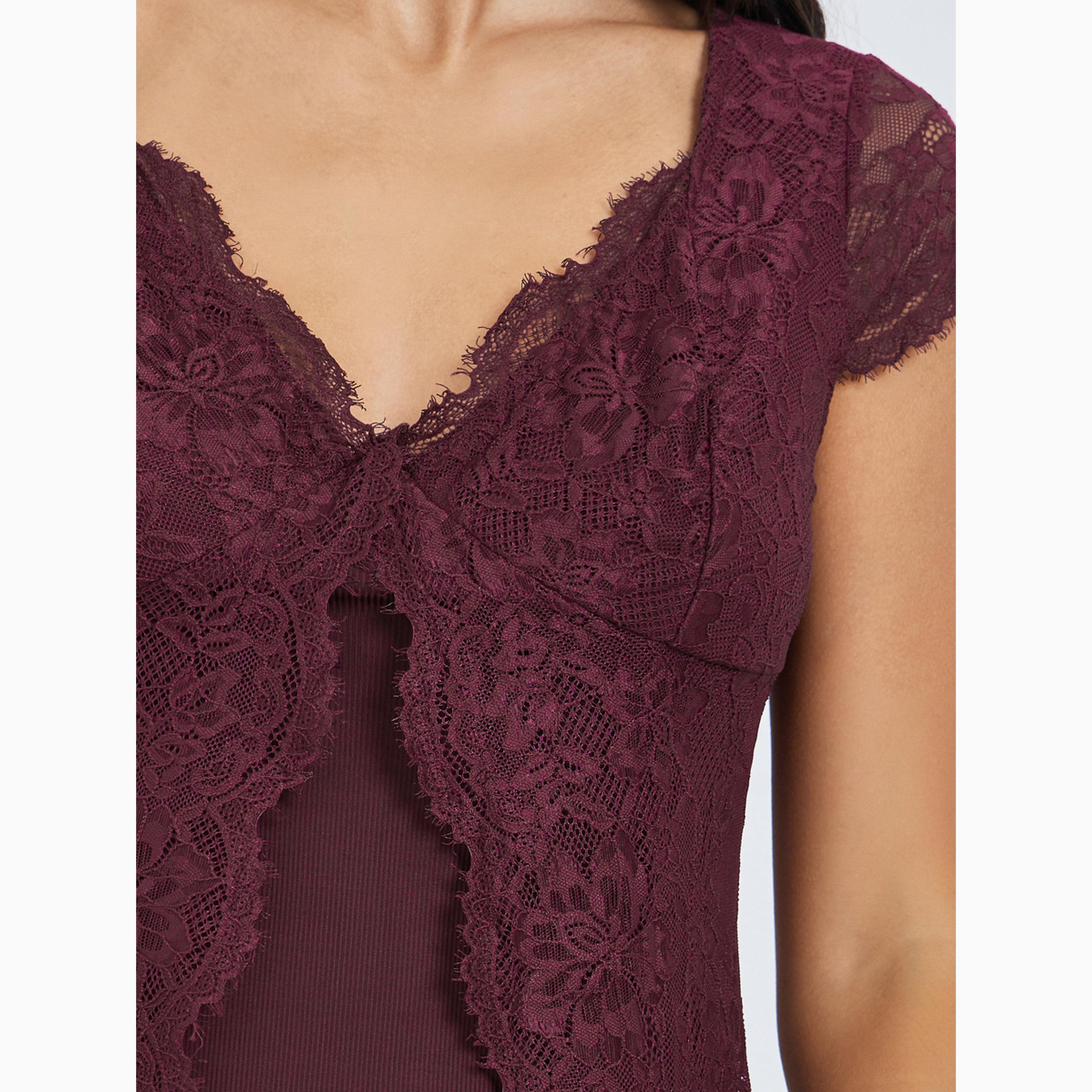 Styli Burgundy Lace Trim V Neck Side Slit Nightdress-women-clothing-nightwear-nighties-image-3