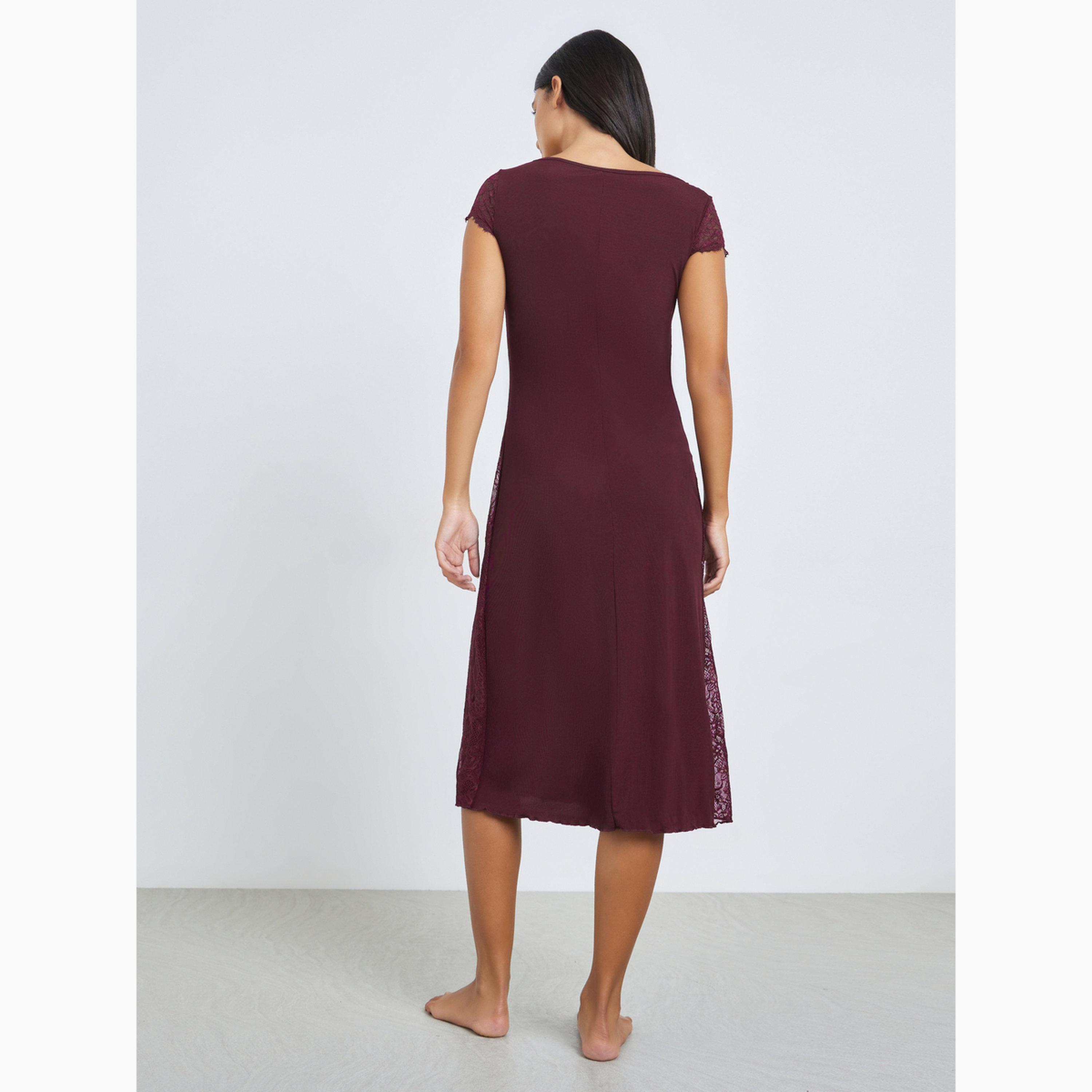 Styli Burgundy Lace Trim V Neck Side Slit Nightdress-women-clothing-nightwear-nighties-image-4