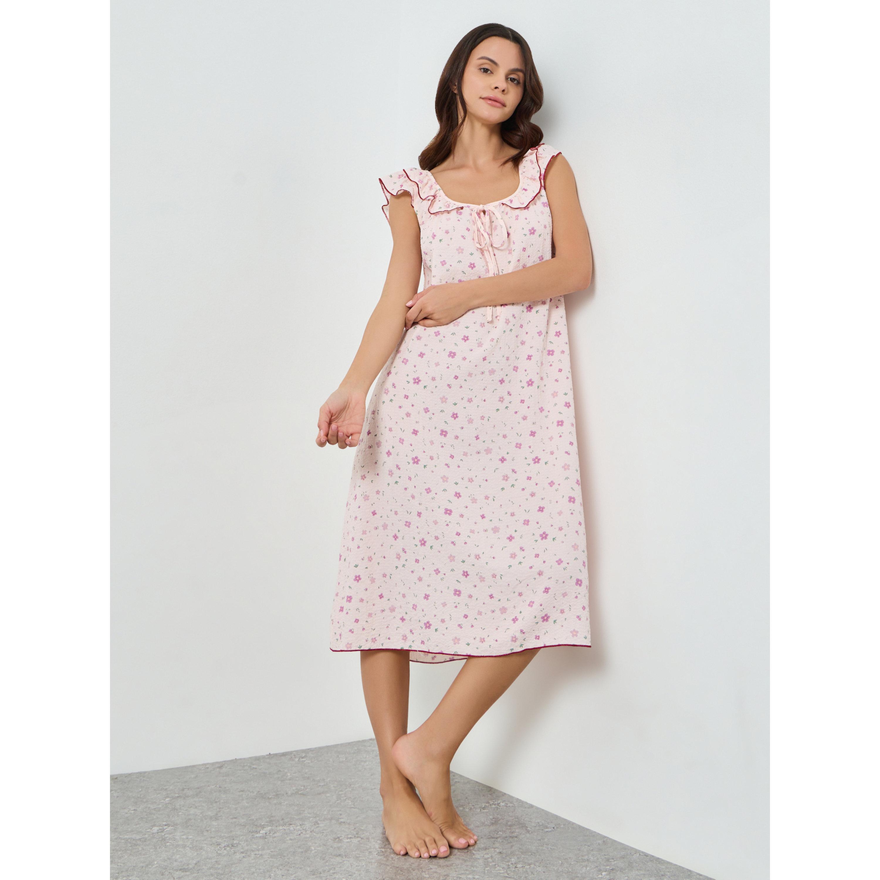 Styli Floral Print Ruffle Neck Sleeveless Nightdress-women-clothing-nightwear-nighties-image-2