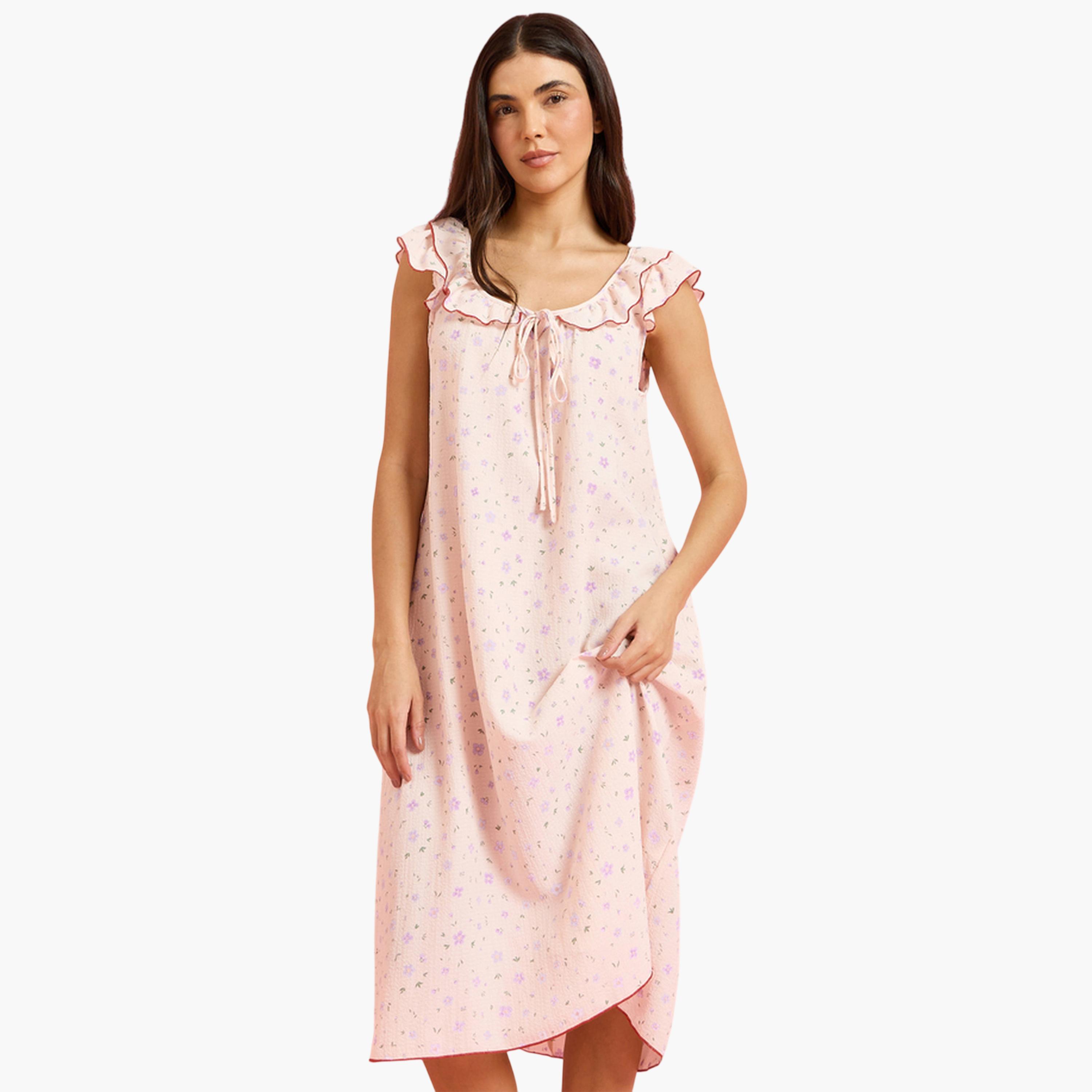 Styli Pink Ditsy Floral Ruffle Neck Front Tie Nightdress-women-clothing-nightwear-nighties-image-1