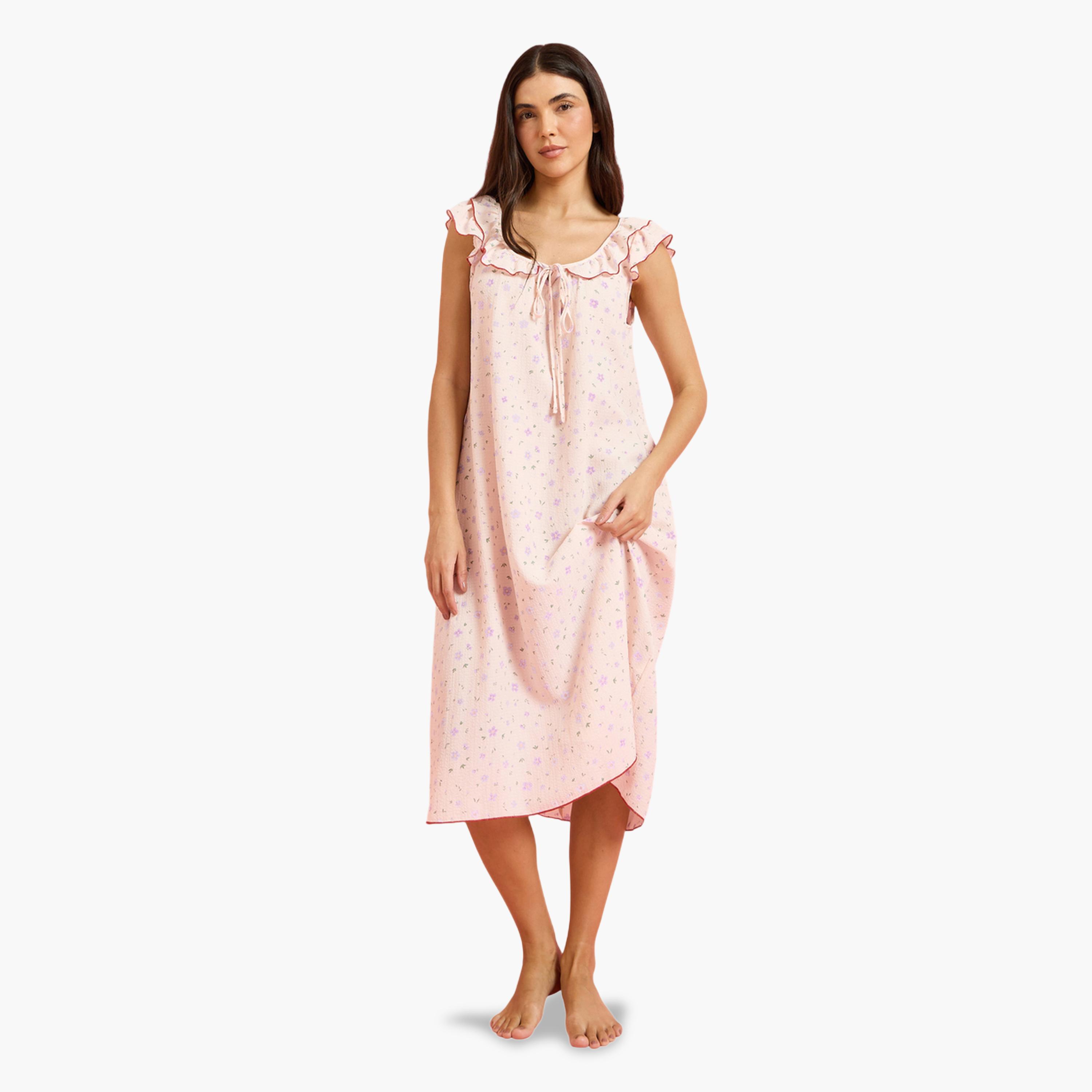 Styli Pink Ditsy Floral Ruffle Neck Front Tie Nightdress-women-clothing-nightwear-nighties-image-2