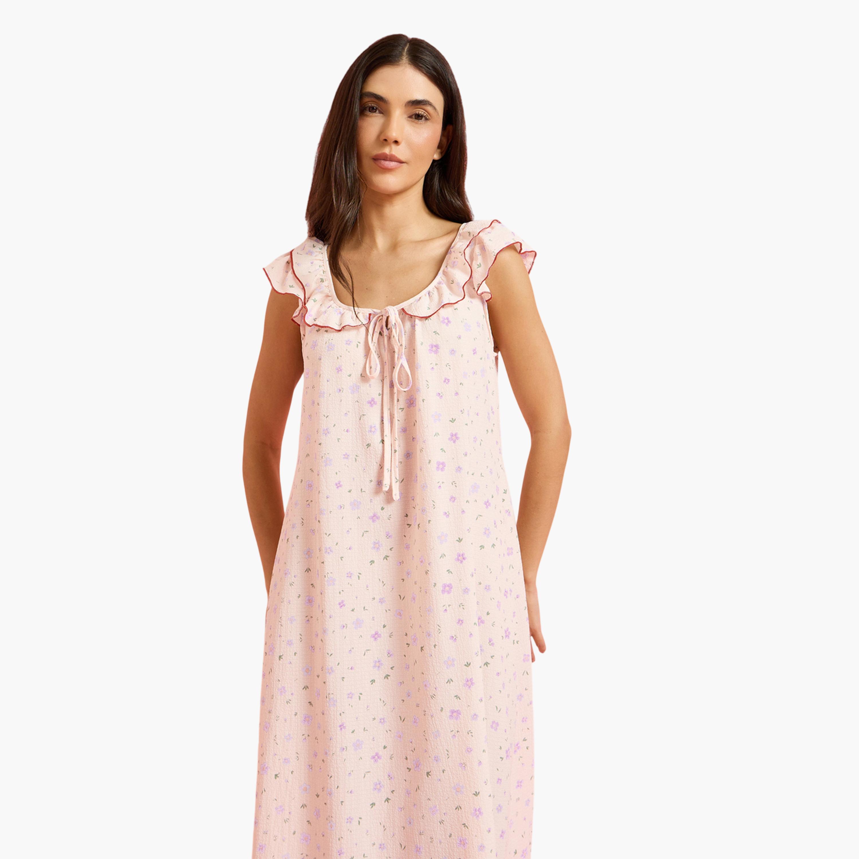 Styli Pink Ditsy Floral Ruffle Neck Front Tie Nightdress-women-clothing-nightwear-nighties-image-3