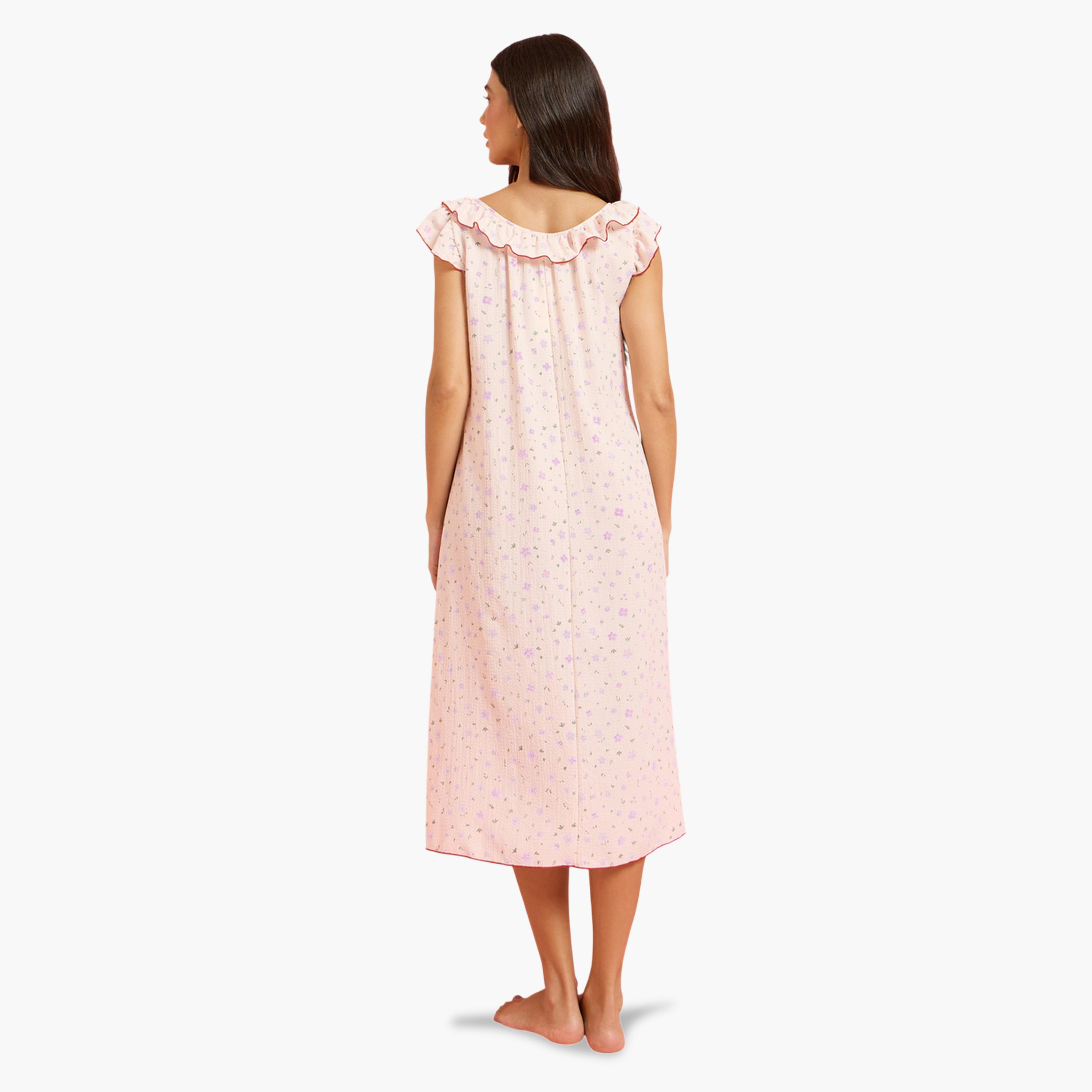 Styli Pink Ditsy Floral Ruffle Neck Front Tie Nightdress-women-clothing-nightwear-nighties-image-4