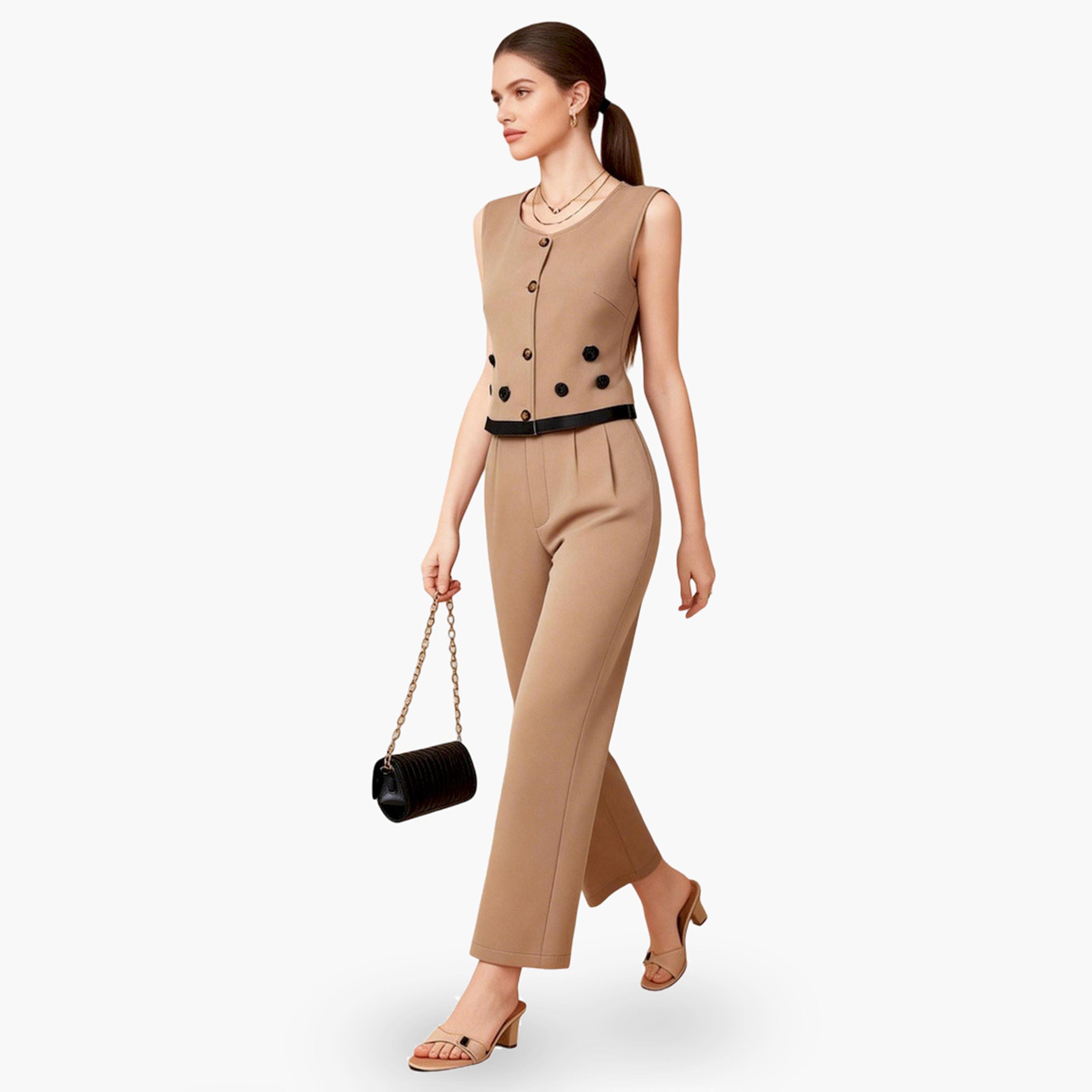 Take Two Beige Buttoned Sleeveless Top and Trousers Co-Ords-women-clothing-coordsets-image-1