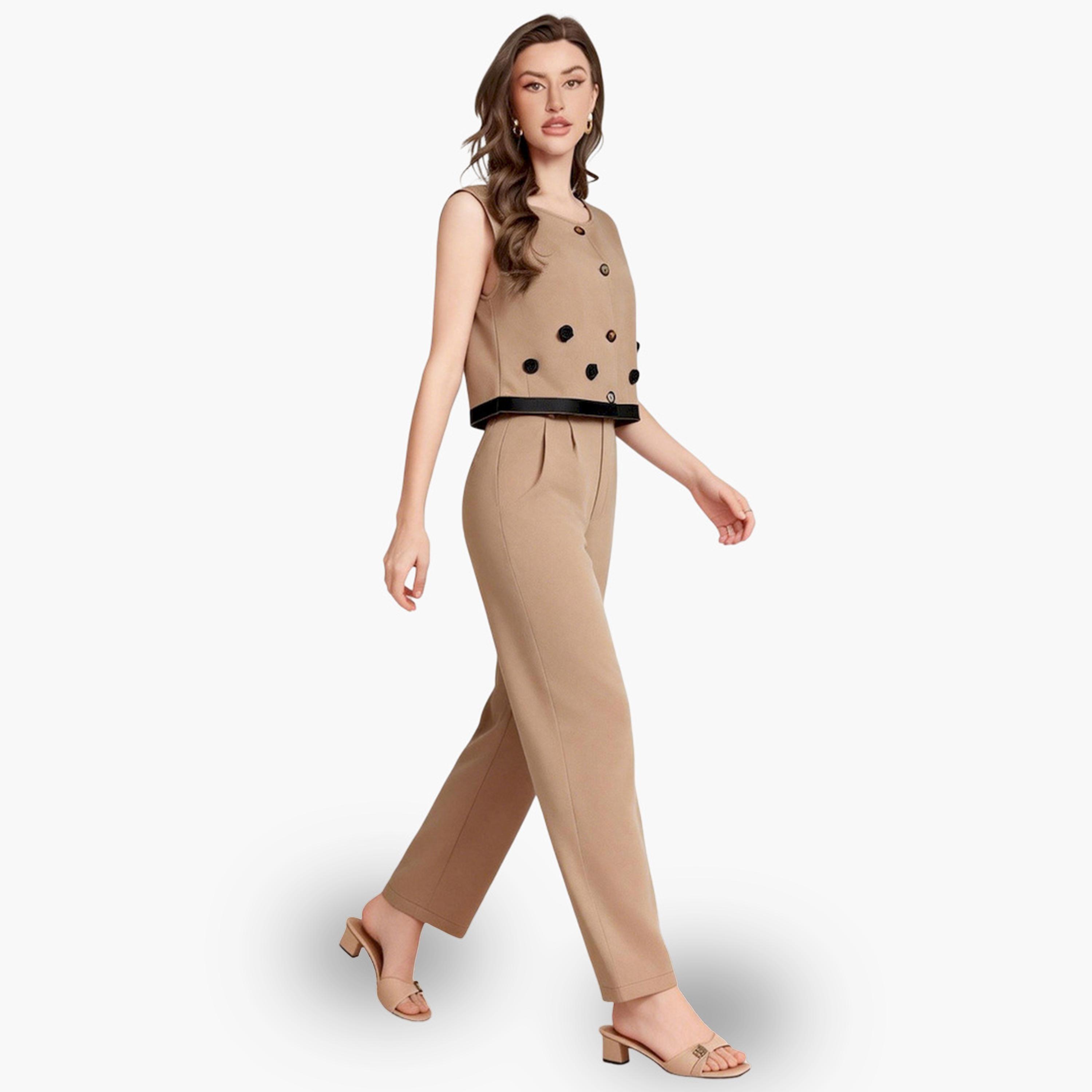 Take Two Beige Buttoned Sleeveless Top and Trousers Co-Ords-women-clothing-coordsets-image-4