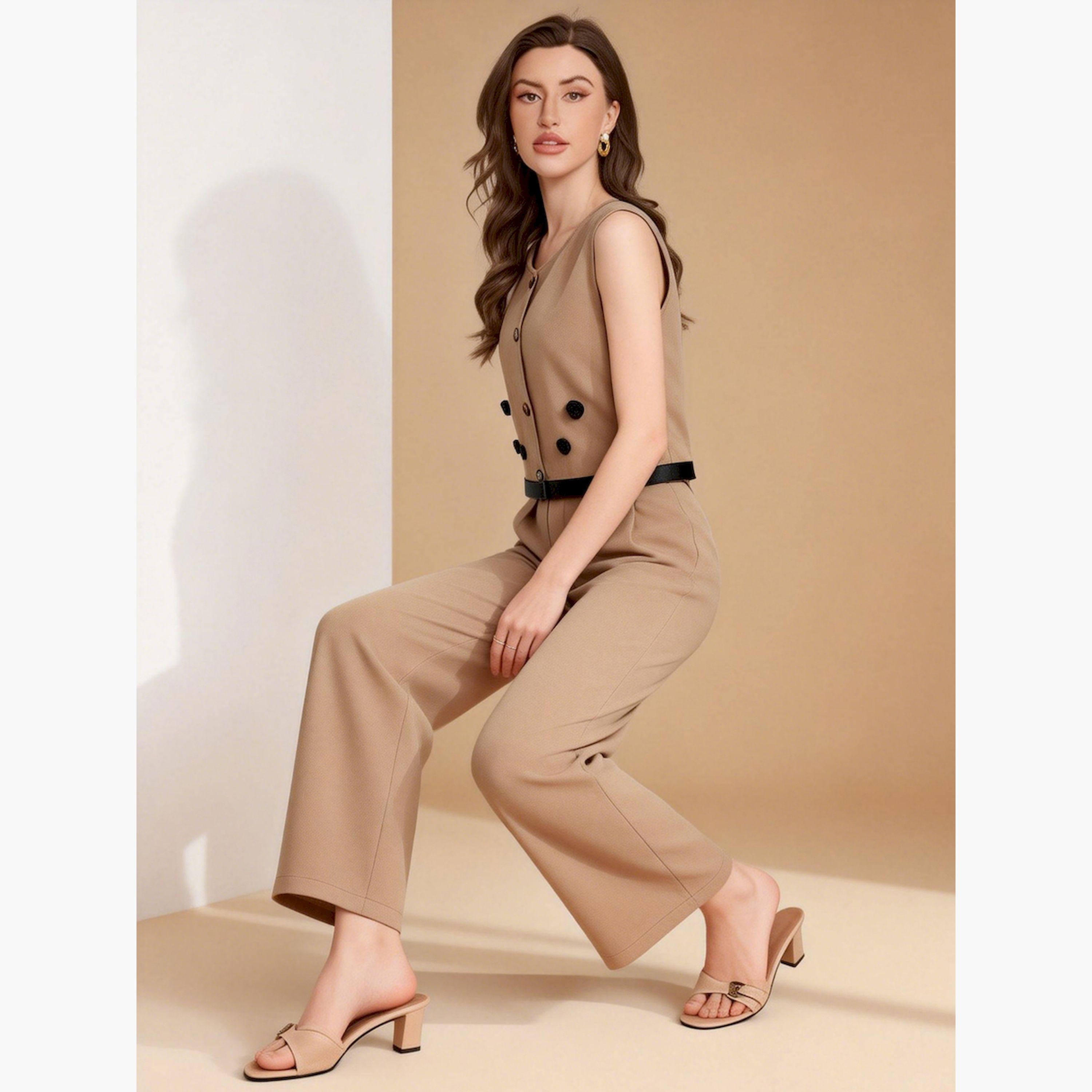 Take Two Beige Buttoned Sleeveless Top and Trousers Co-Ords-women-clothing-coordsets-image-5