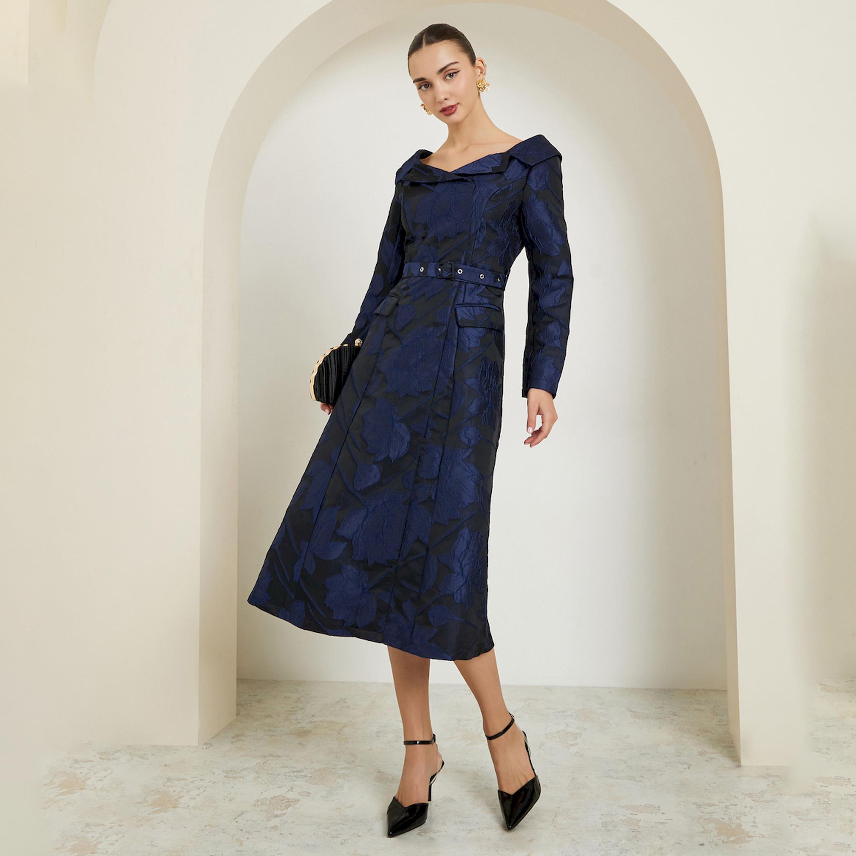 فستان ميدي جاكار مكشوف الكتفين-women-clothing-dresses-image-1