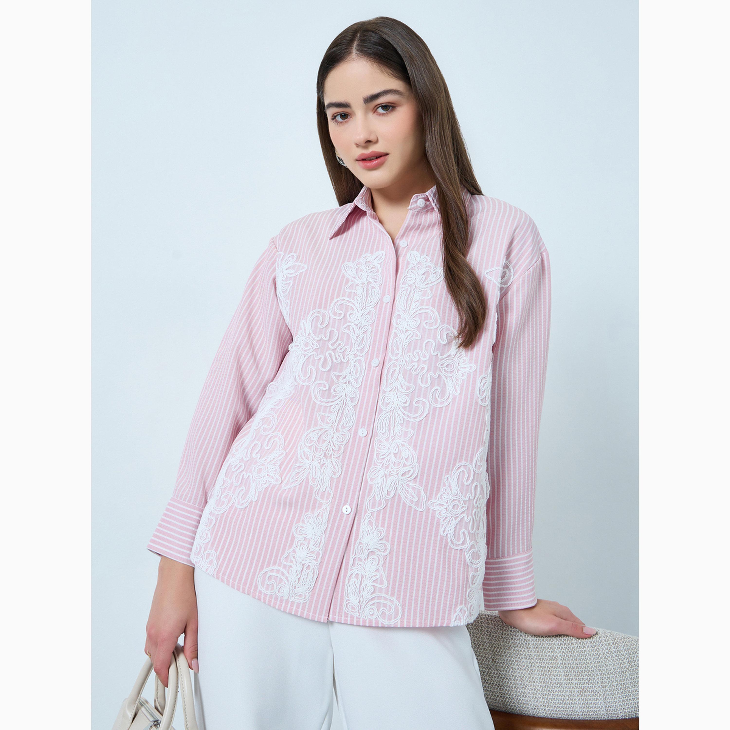 Styli Pink Embroidered Striped Shirt-women-clothing-shirtsandblouses-shirts-image-1