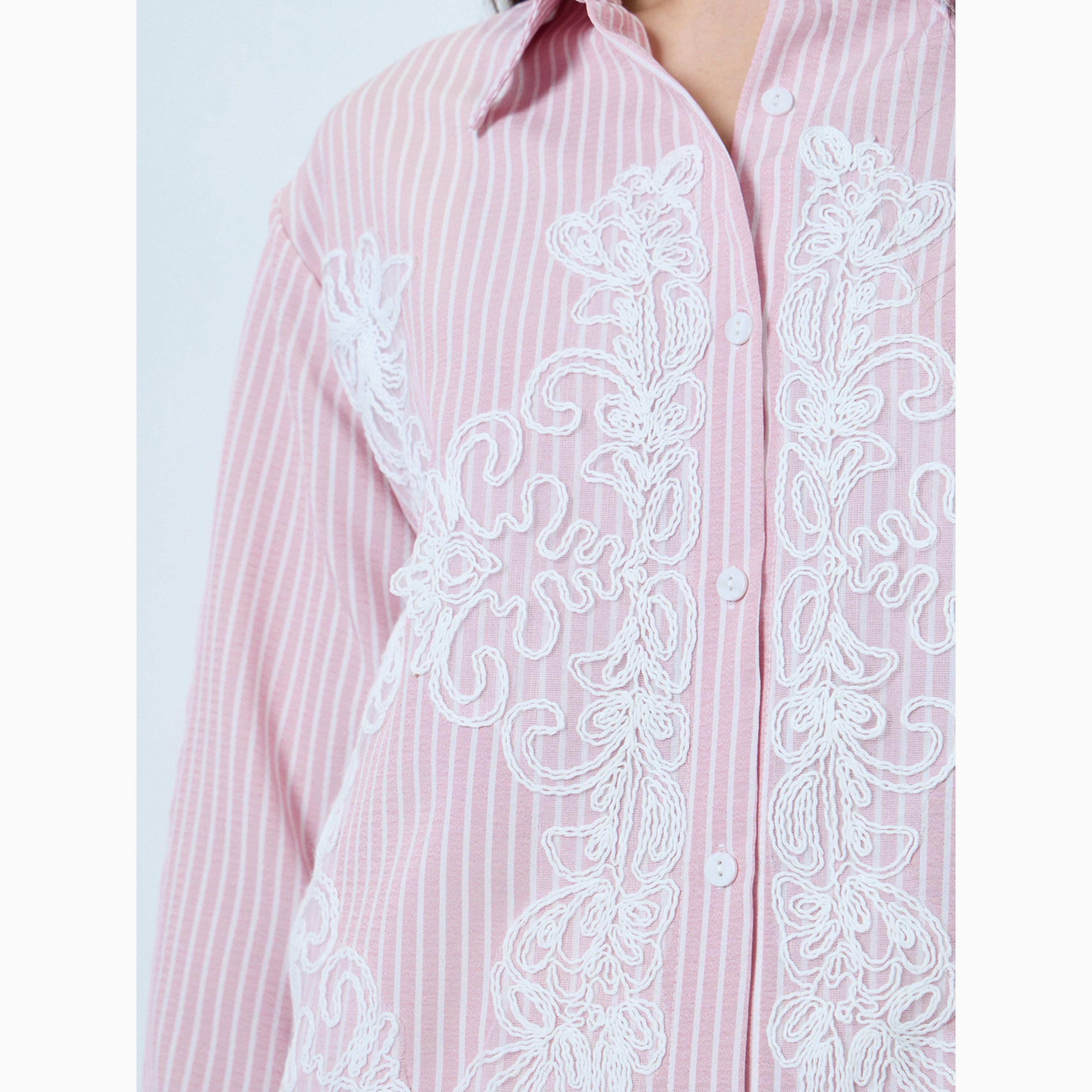 Styli Pink Embroidered Striped Shirt-women-clothing-shirtsandblouses-shirts-image-3