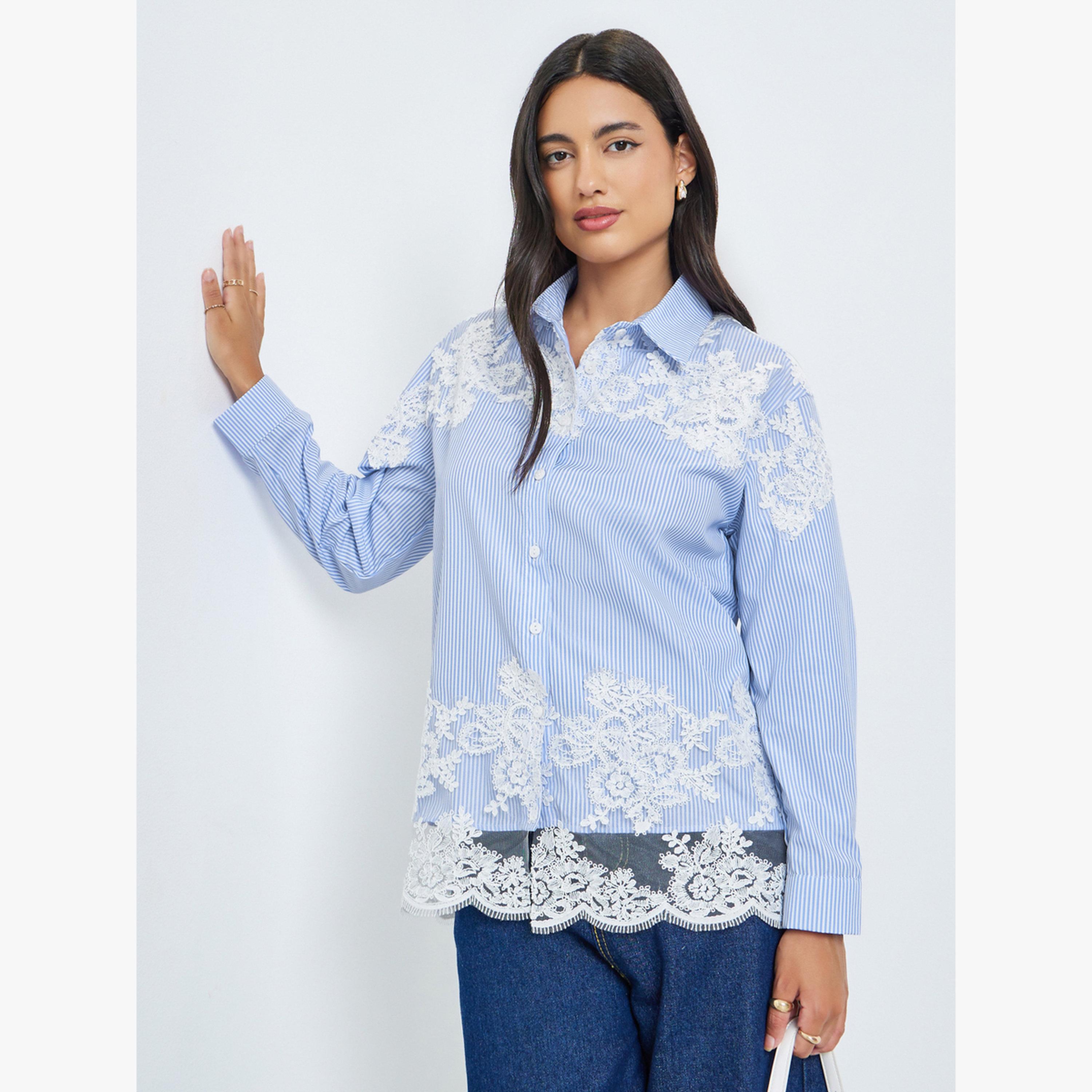 بلوزة مخططة بدانتيل مطرز-women-clothing-shirtsandblouses-shirts-image-1
