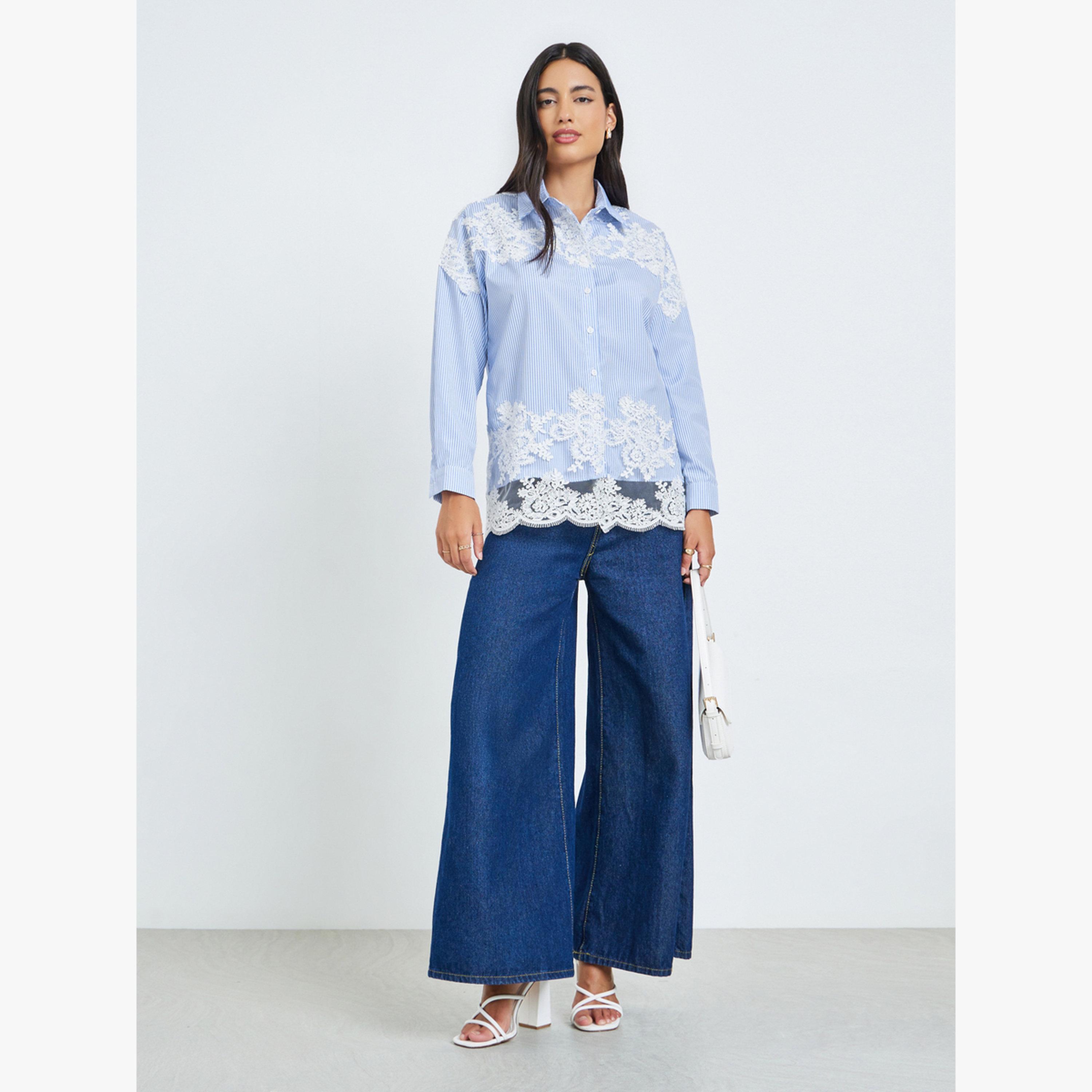 Styli Blue Embroidered Lace Striped Shirts-women-clothing-shirtsandblouses-shirts-image-2