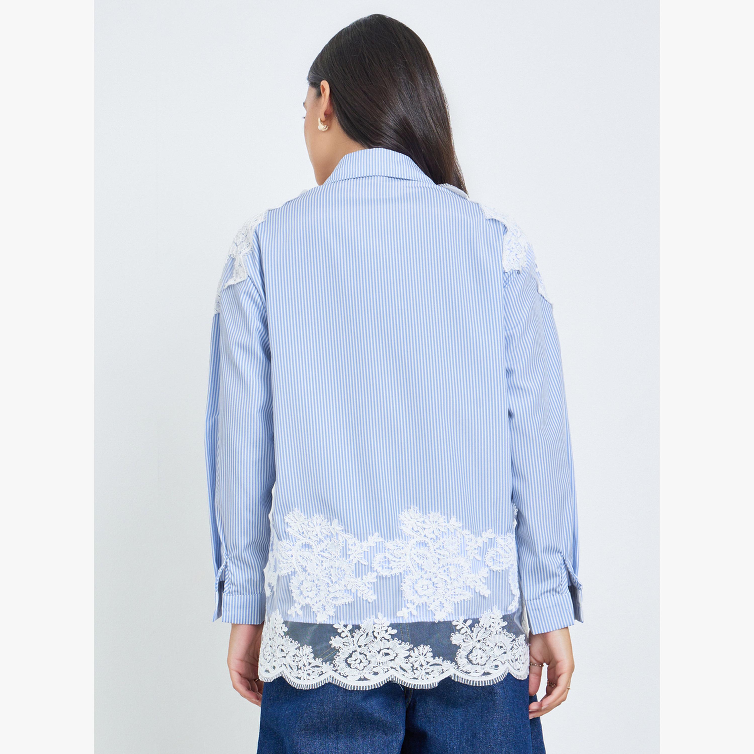 Styli Blue Embroidered Lace Striped Shirts-women-clothing-shirtsandblouses-shirts-image-3