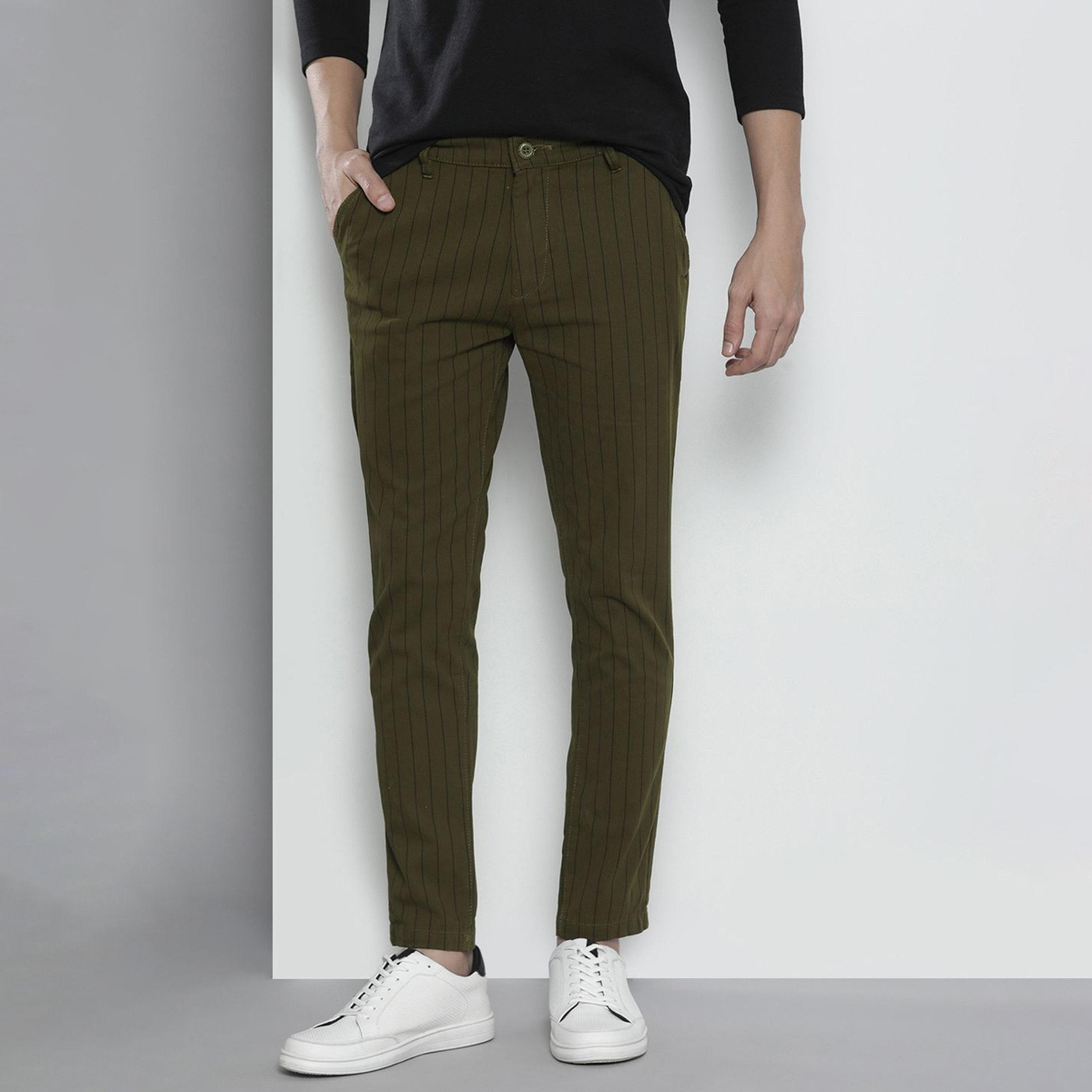 The Indian Garage Co X Styli Men Olive Green Slim Fit Striped Chinos-men-clothing-bottoms-trousersandchinos-chinos-image-1