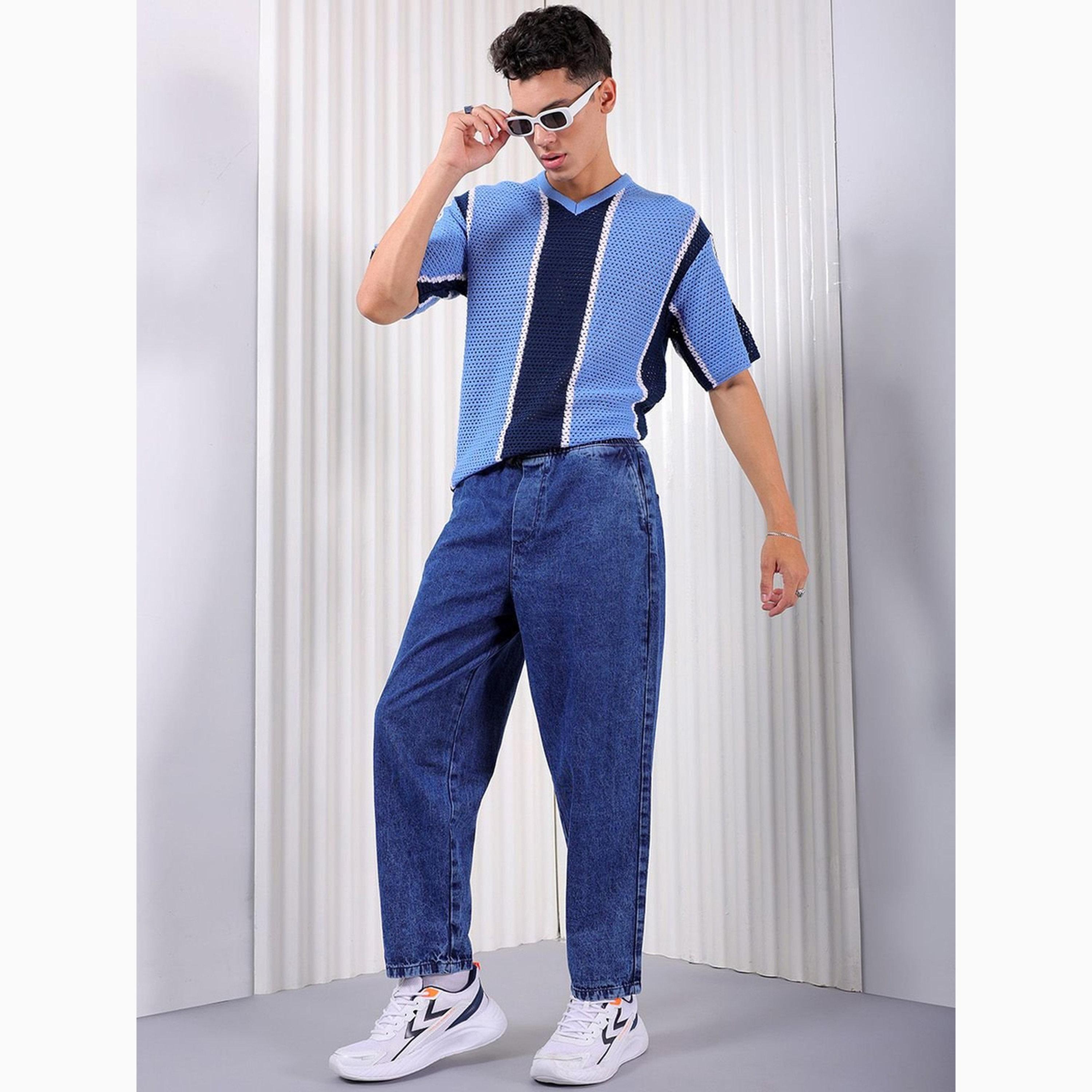 بنطال جينز بلون سادة وقصة واسعة بنمط برميل للرجال-men-clothing-bottoms-jeans-image-2