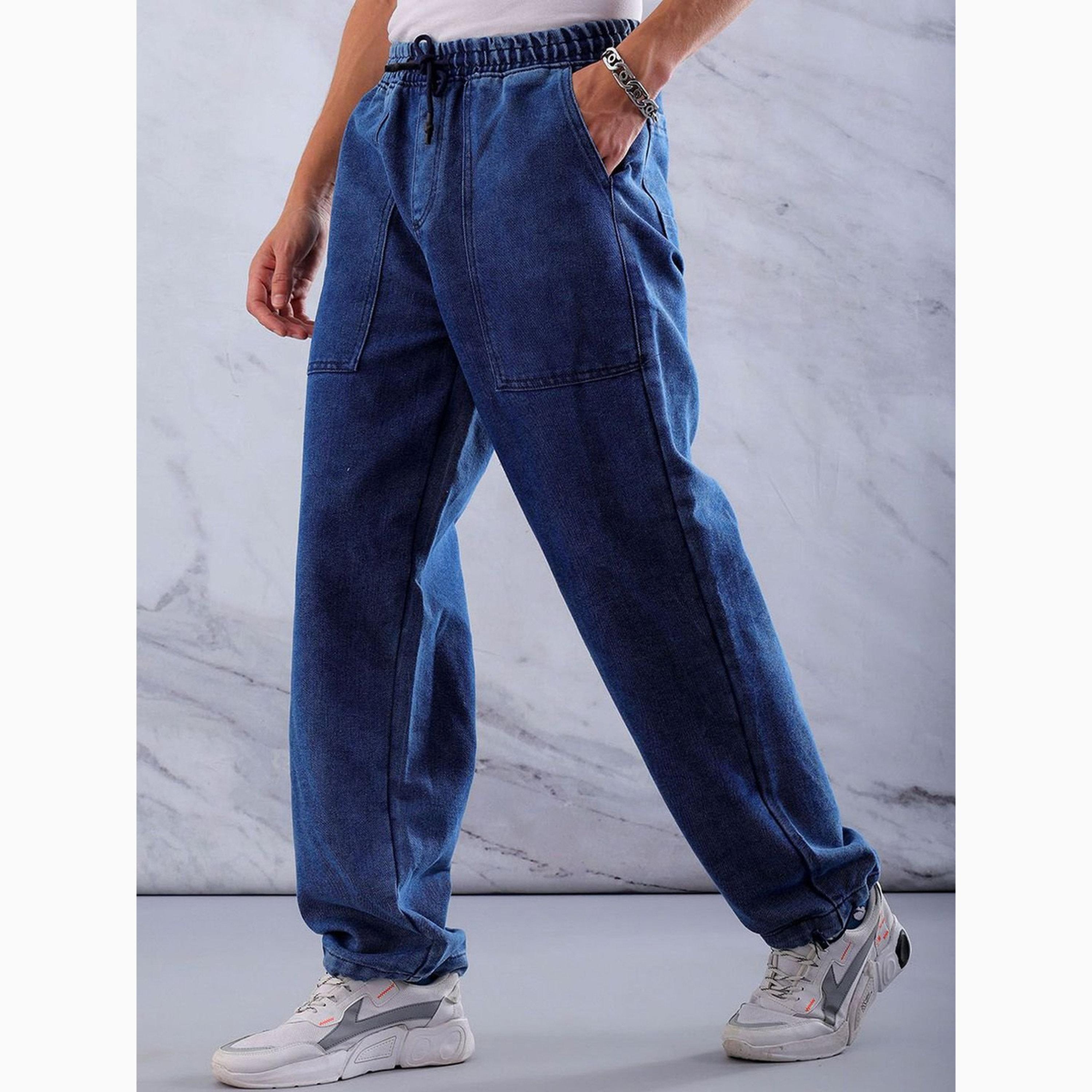 بنطال جينز برباط بلون سادة وقصة مريحة للرجال-men-clothing-bottoms-jeans-image-4