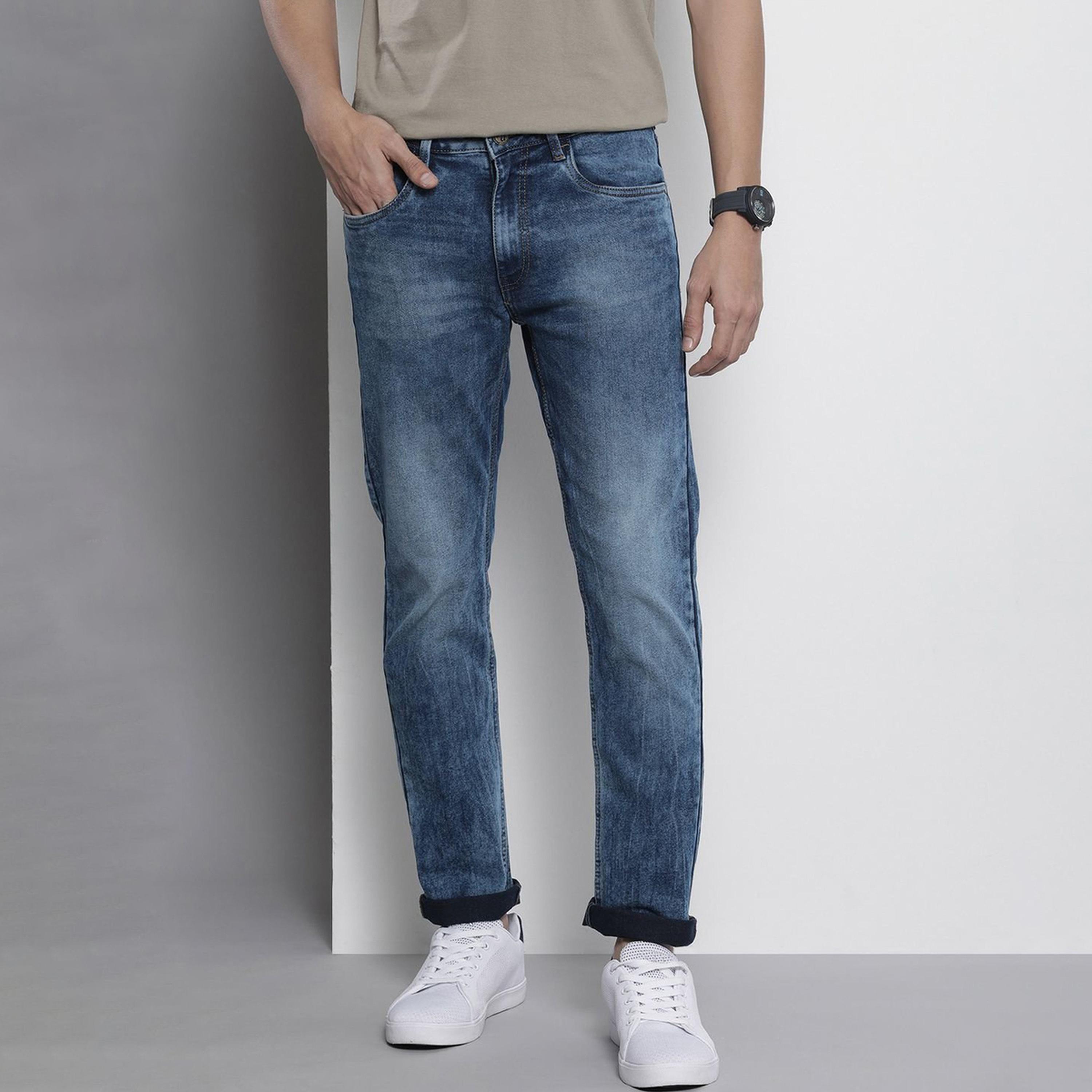 بنطال جينز بلون سادة ومظهر باهت وقصة ضيقة للرجال-men-clothing-bottoms-jeans-image-1
