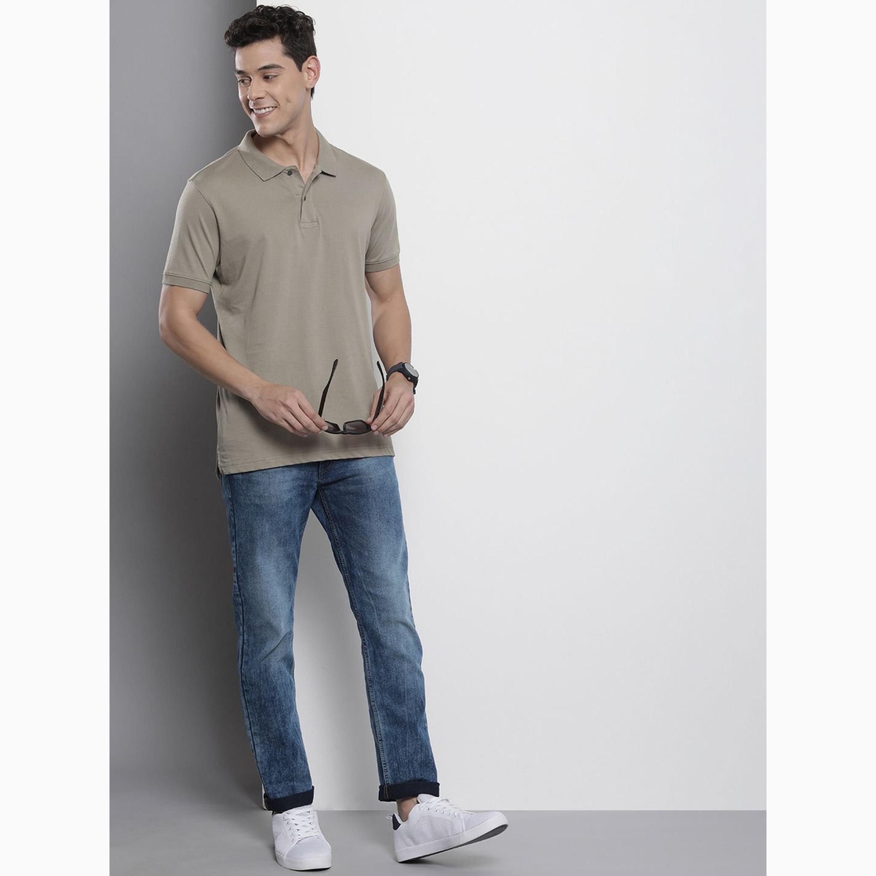 بنطال جينز بلون سادة ومظهر باهت وقصة ضيقة للرجال-men-clothing-bottoms-jeans-image-2