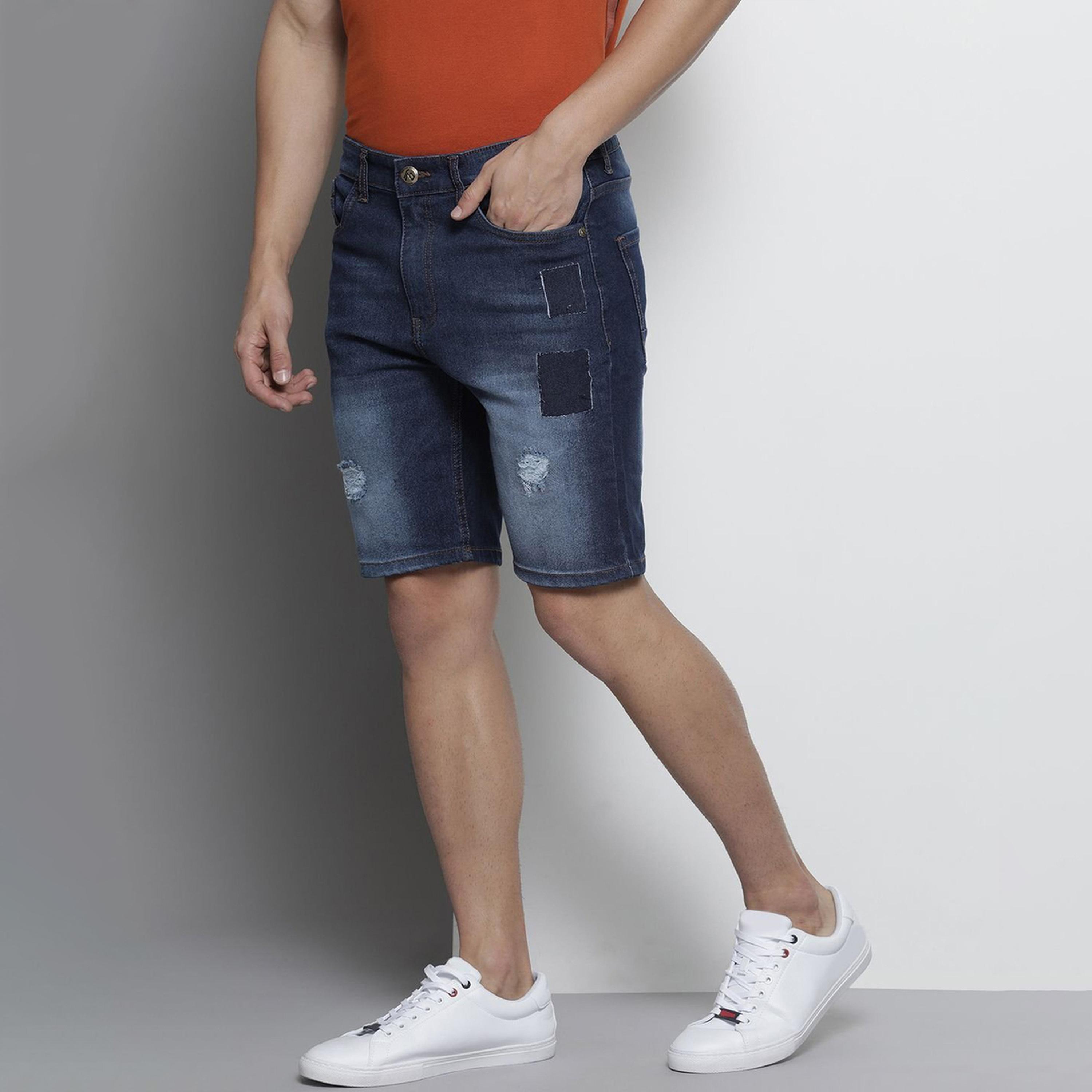 شورت دنيم بلون سادة وقصة ضيقة للرجال-men-clothing-bottoms-shorts-image-1