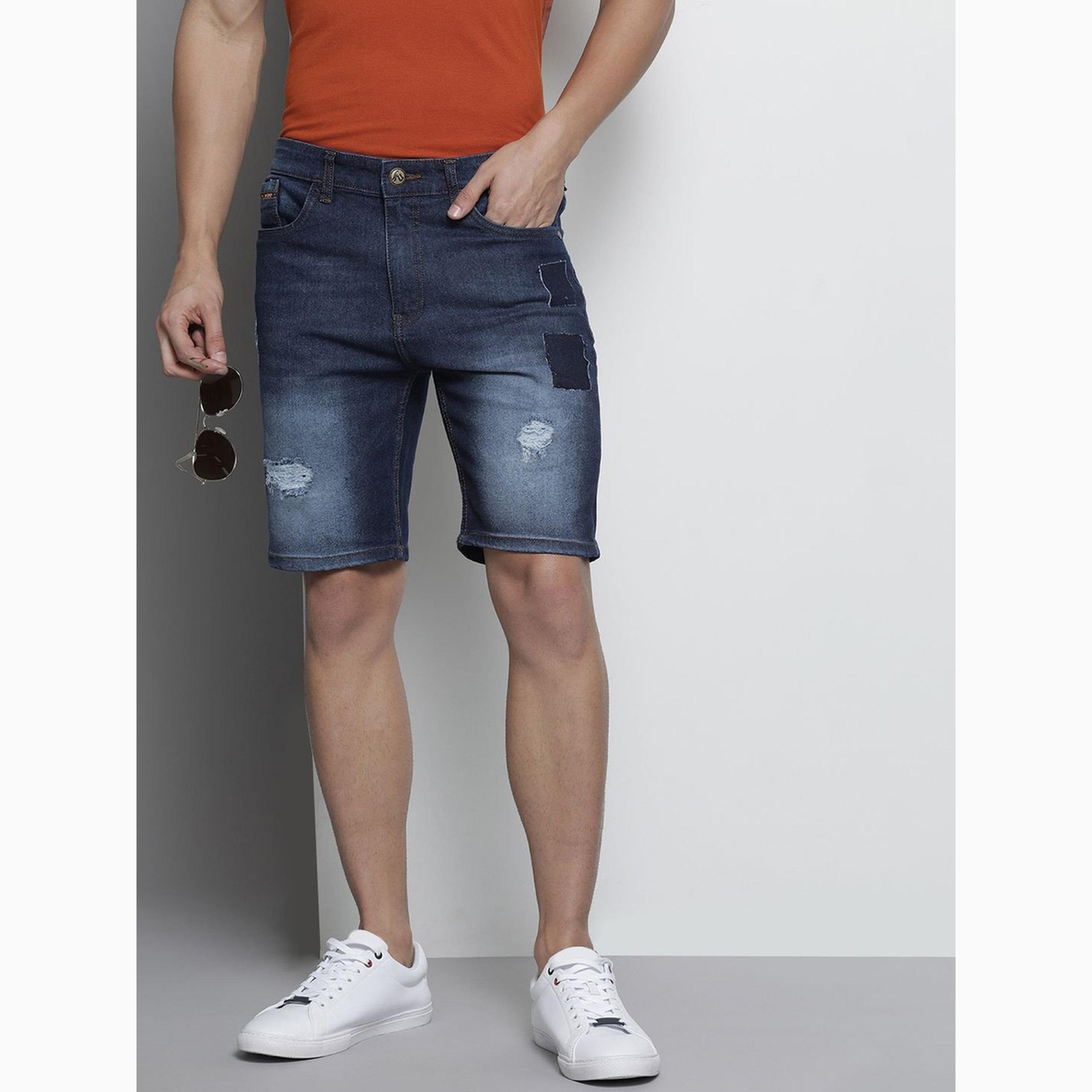 شورت دنيم بلون سادة وقصة ضيقة للرجال-men-clothing-bottoms-shorts-image-5