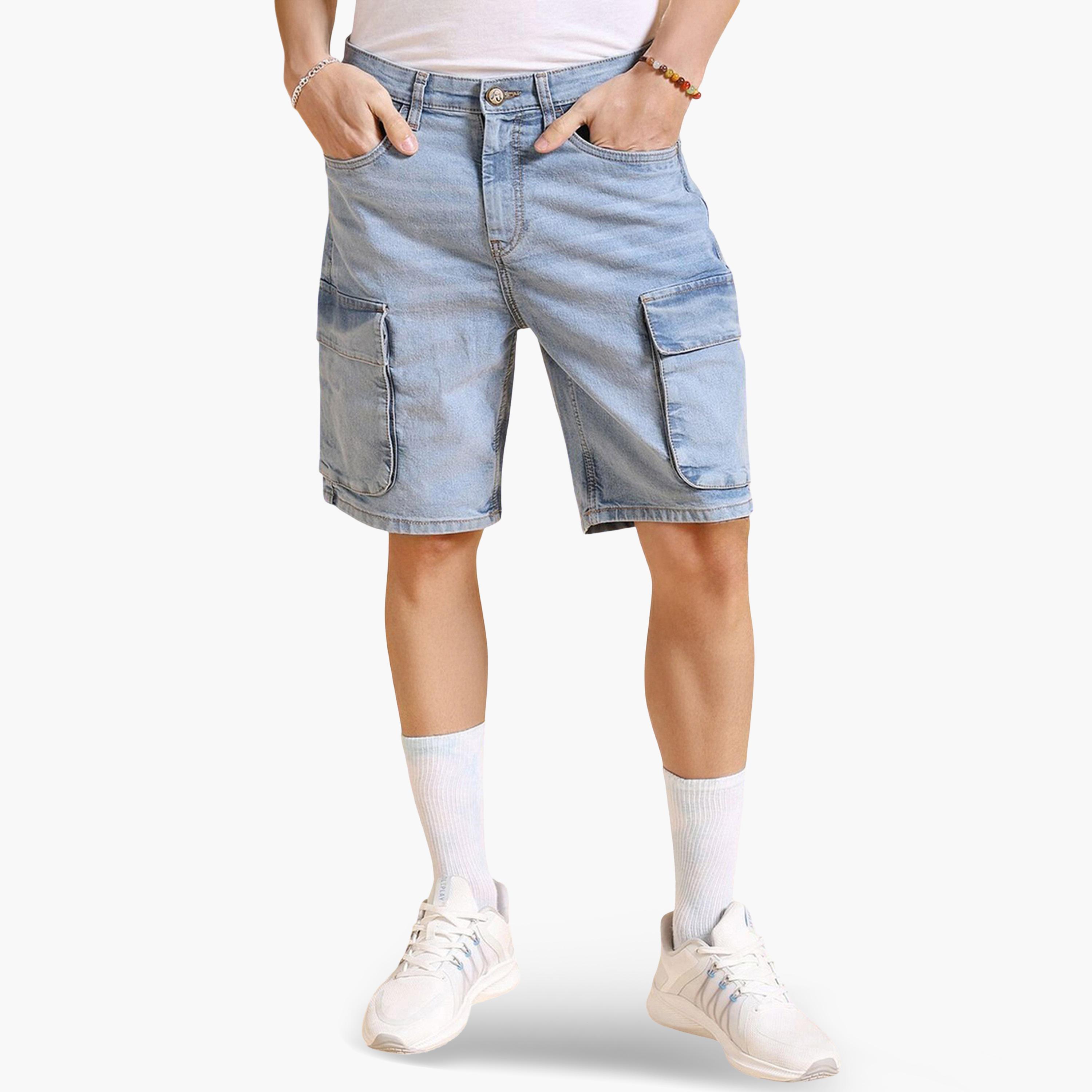 شورت دنيم بلون سادة وقصة مريحة للرجال-men-clothing-bottoms-shorts-image-1
