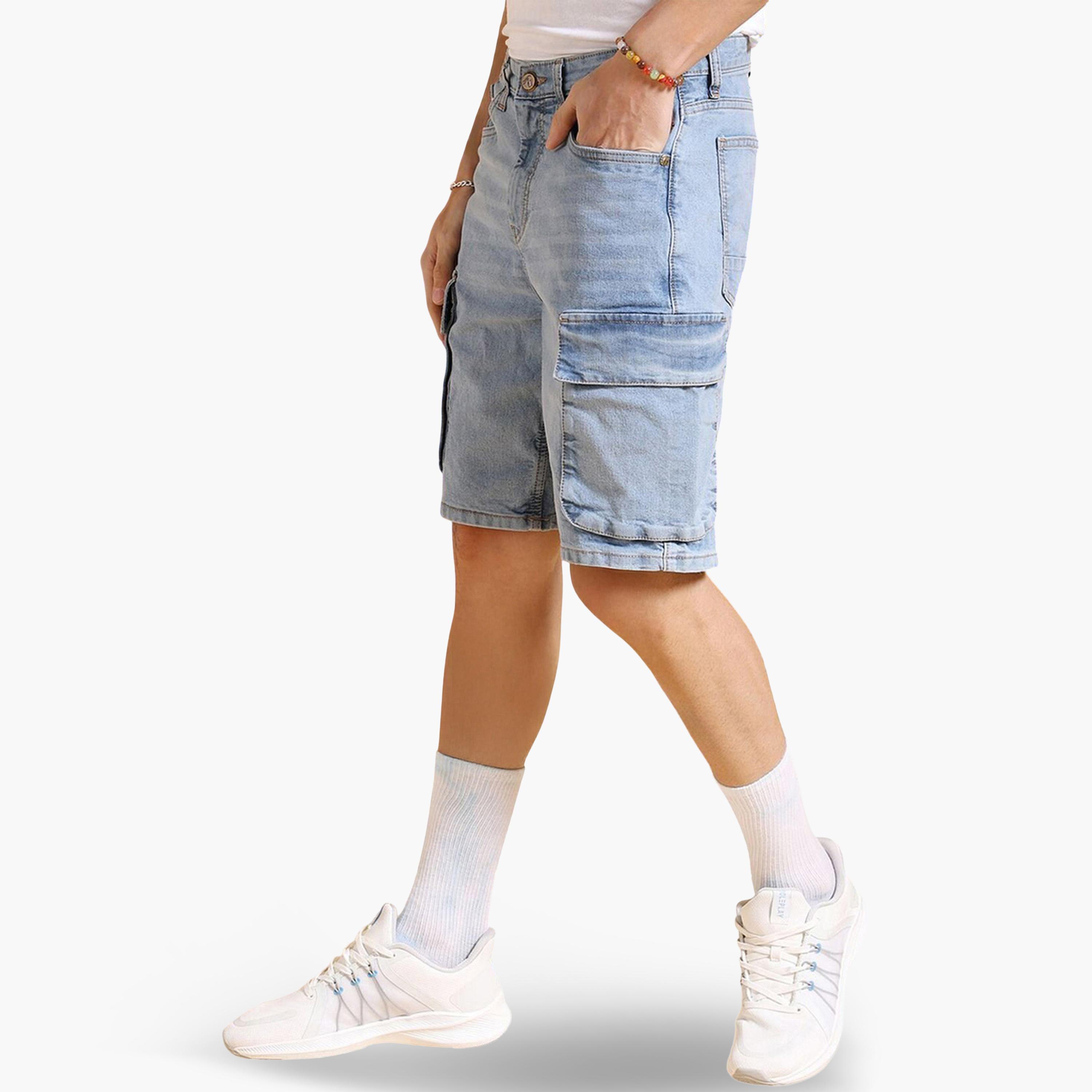 شورت دنيم بلون سادة وقصة مريحة للرجال-men-clothing-bottoms-shorts-image-5