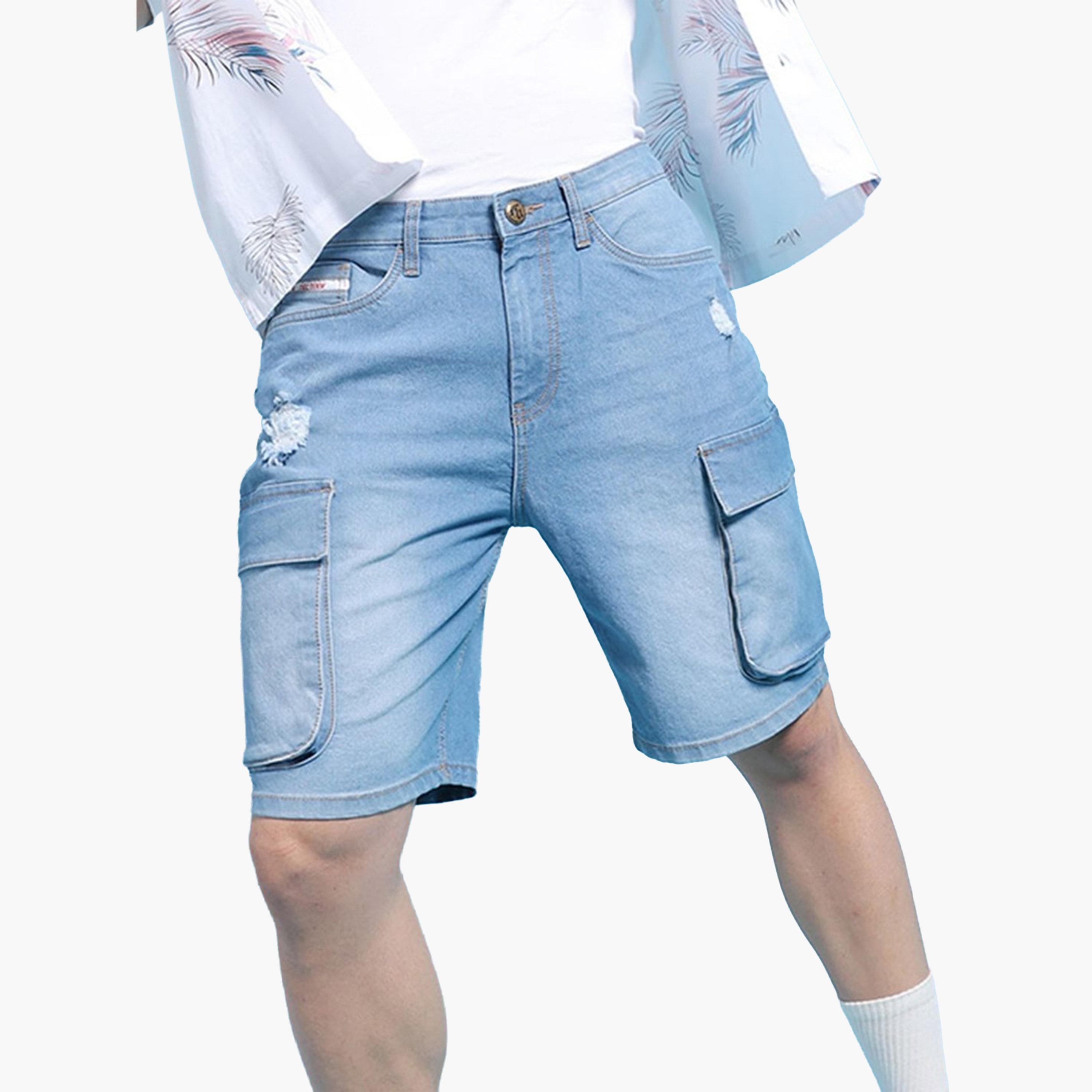 شورت دنيم سادة بقصة مريحة للرجال-men-clothing-bottoms-shorts-image-4