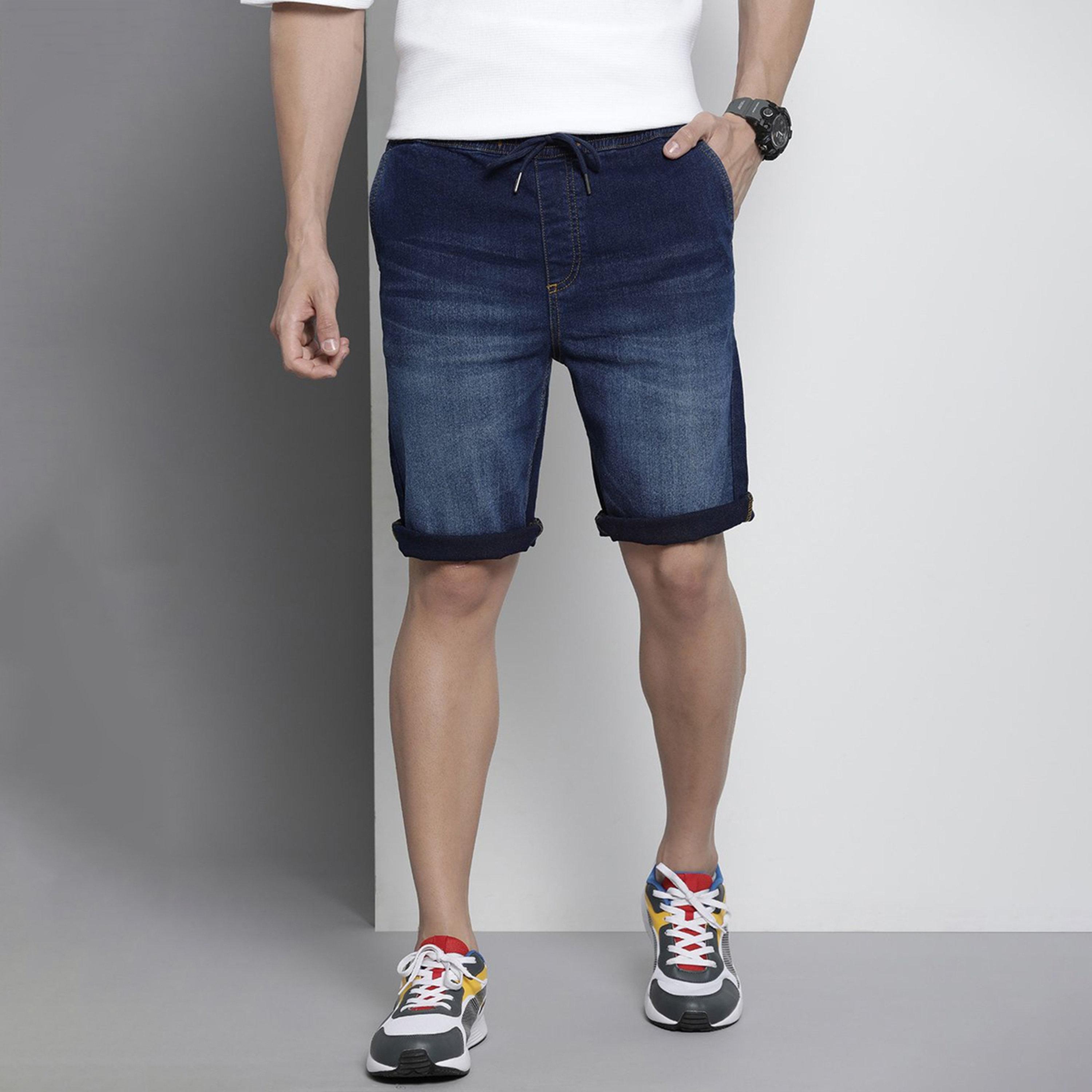 شورت دنيم سادة بقصة عادية للرجال-men-clothing-bottoms-shorts-image-1