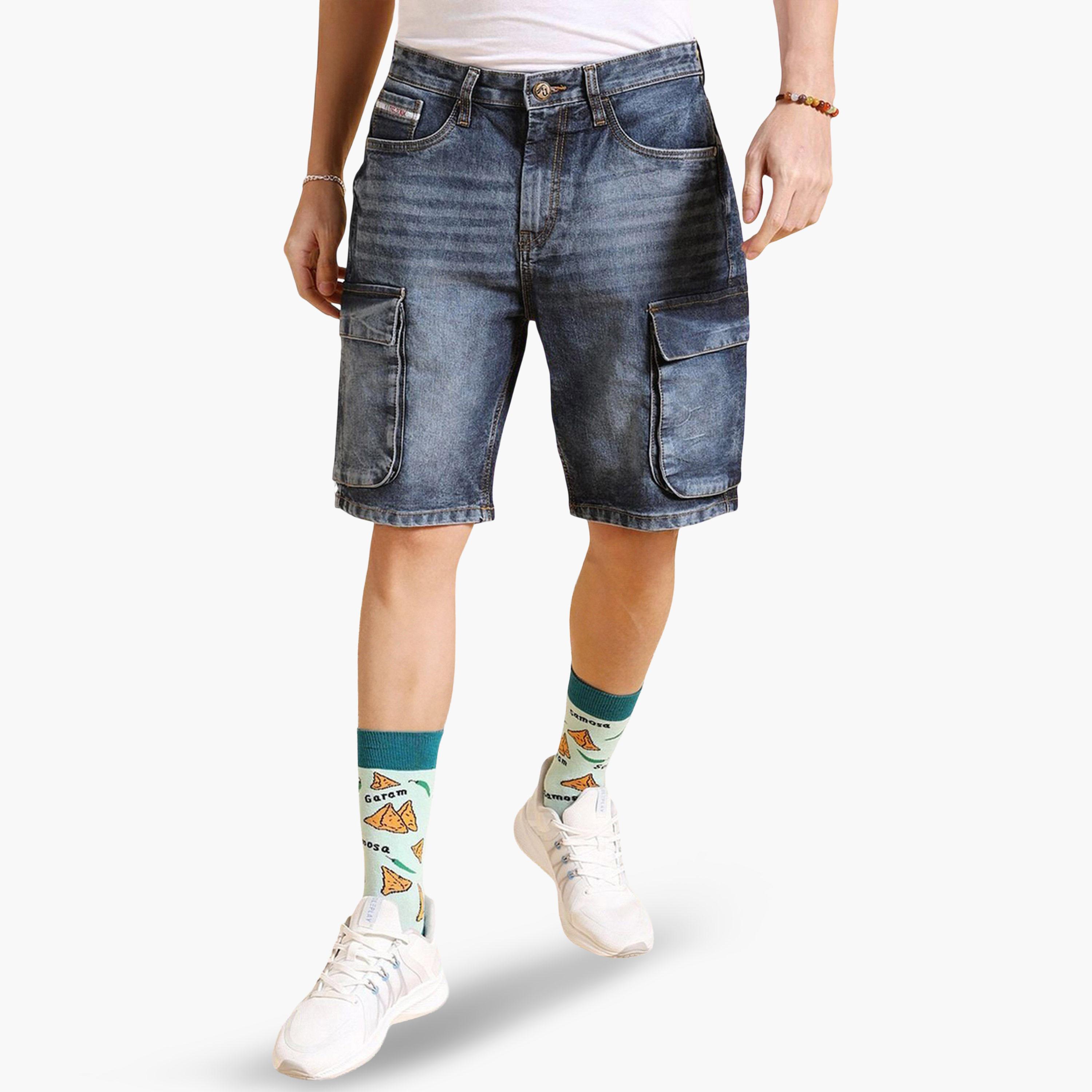 شورت دنيم بلون سادة وقصة مريحة للرجال-men-clothing-bottoms-shorts-image-1