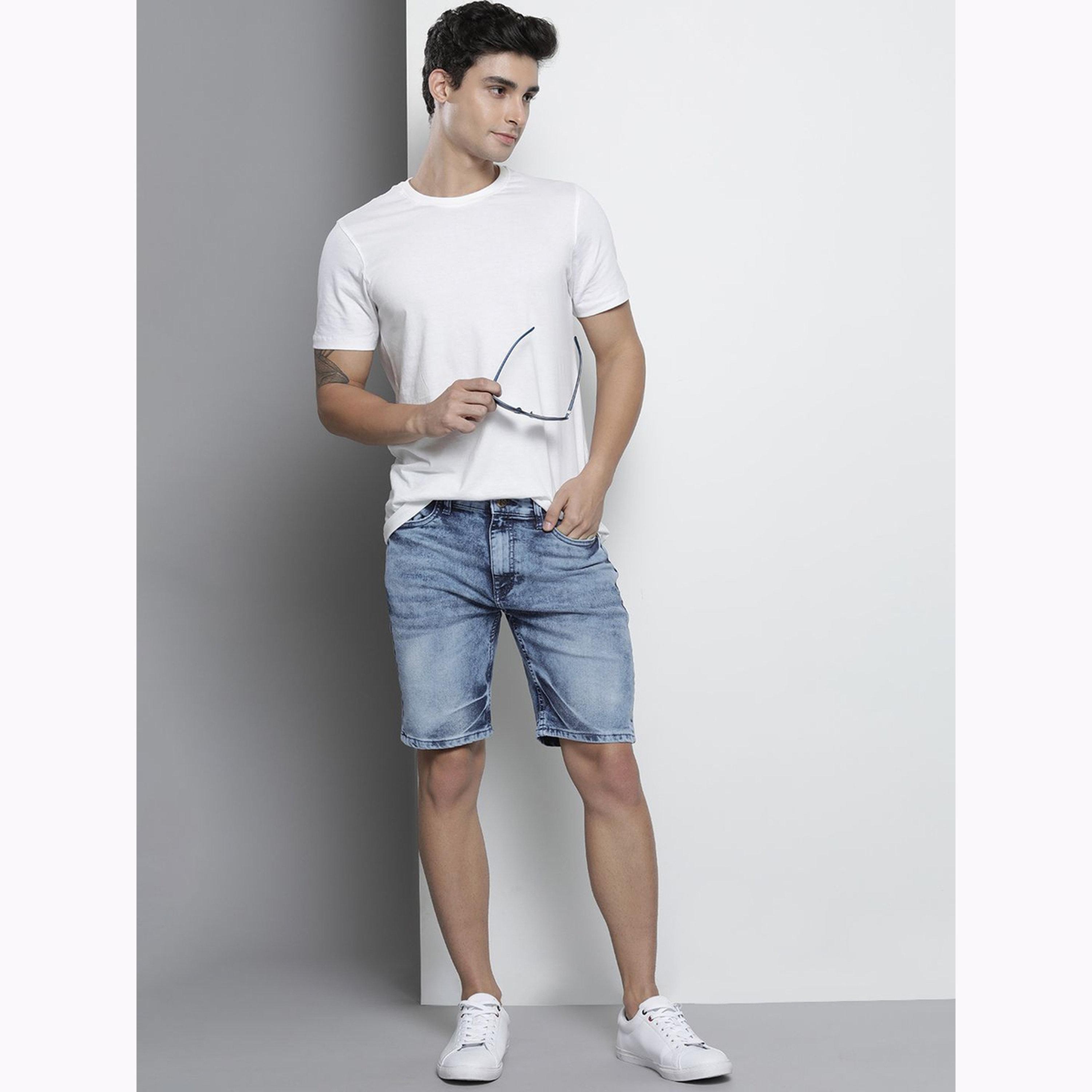 شورت دنيم سادة بقصة ضيقة للرجال-men-clothing-bottoms-shorts-image-2
