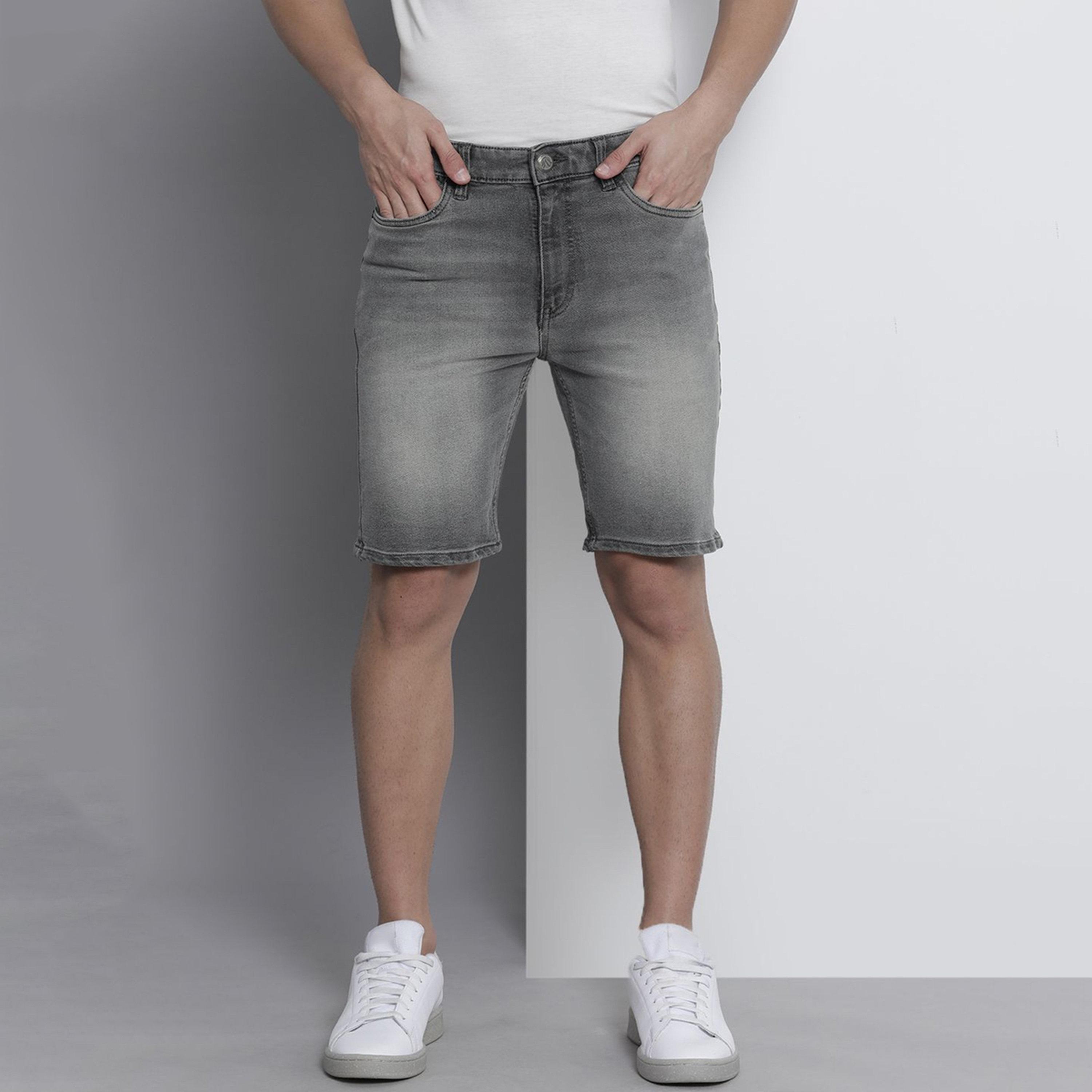 شورت دنيم سادة بقصة ضيقة للرجال-men-clothing-bottoms-shorts-image-1