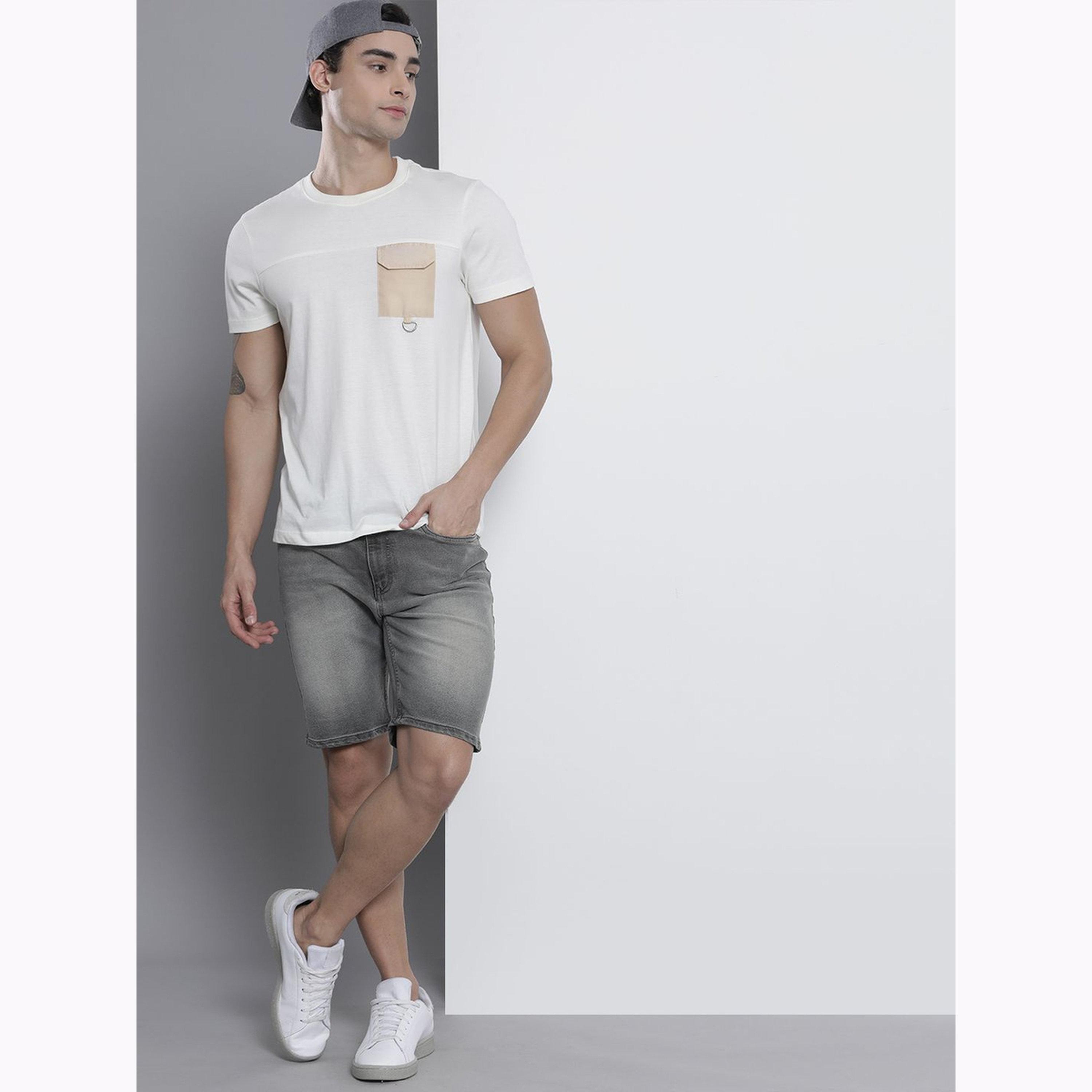 شورت دنيم سادة بقصة ضيقة للرجال-men-clothing-bottoms-shorts-image-2