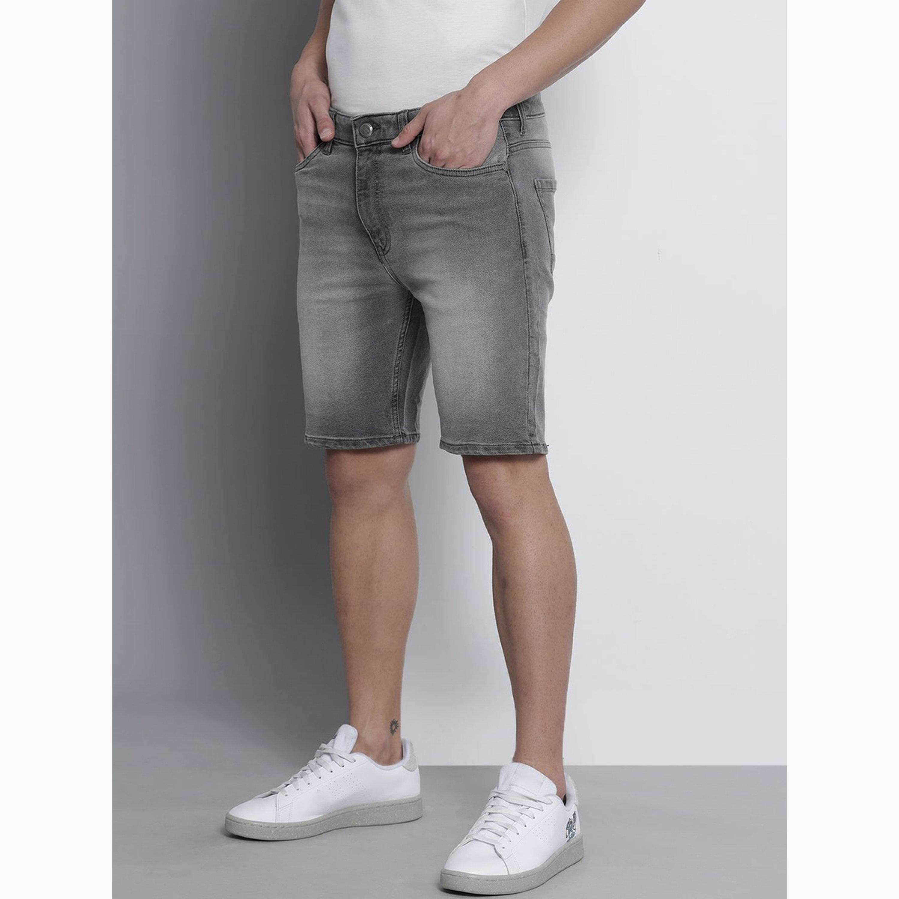 شورت دنيم سادة بقصة ضيقة للرجال-men-clothing-bottoms-shorts-image-5