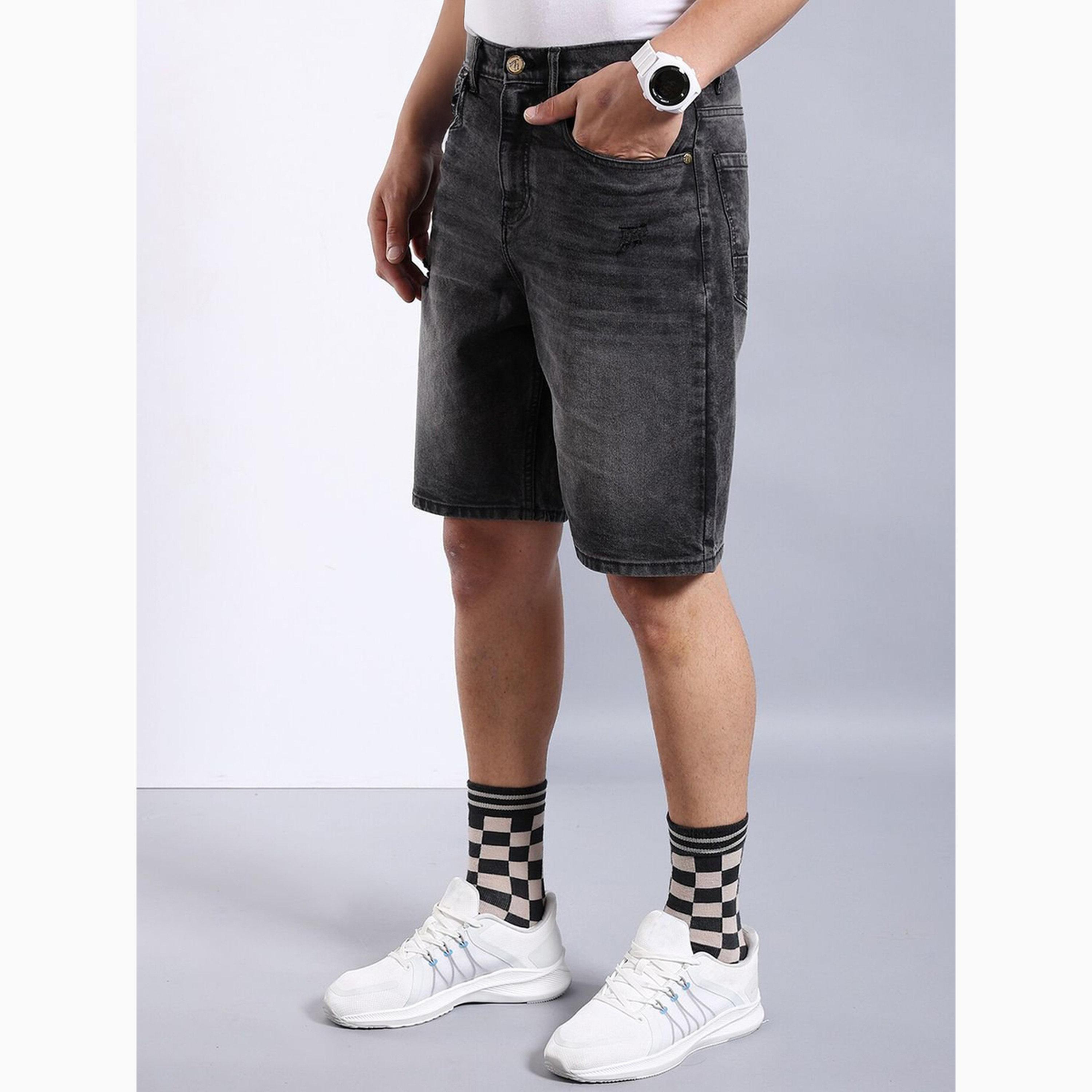 شورت دنيم بلون سادة وقصة عادية للرجال-men-clothing-bottoms-shorts-image-5