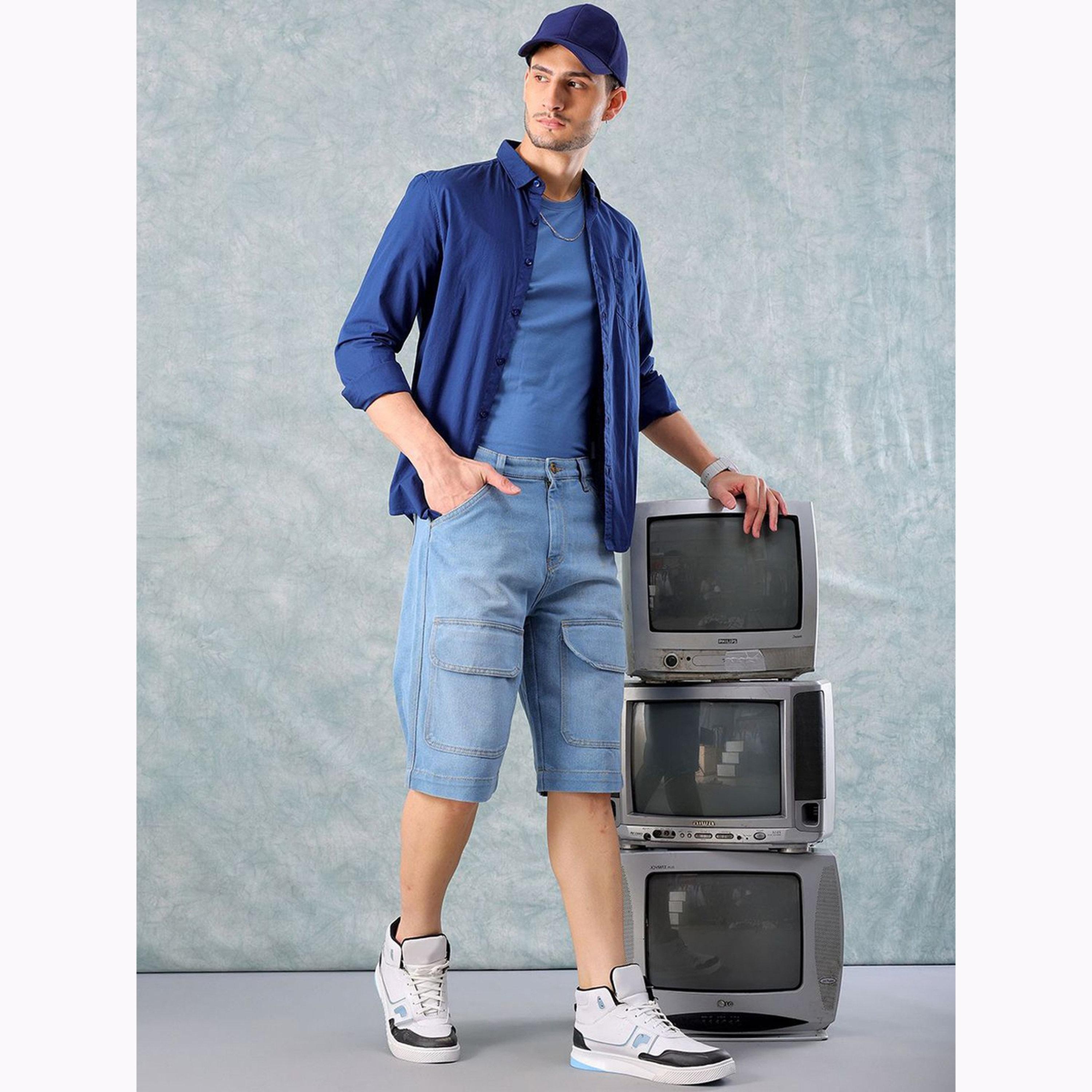 The Indian Garage Co X Styli Men Blue Relaxed Fit Solid Denim Shorts-men-clothing-bottoms-shorts-image-2