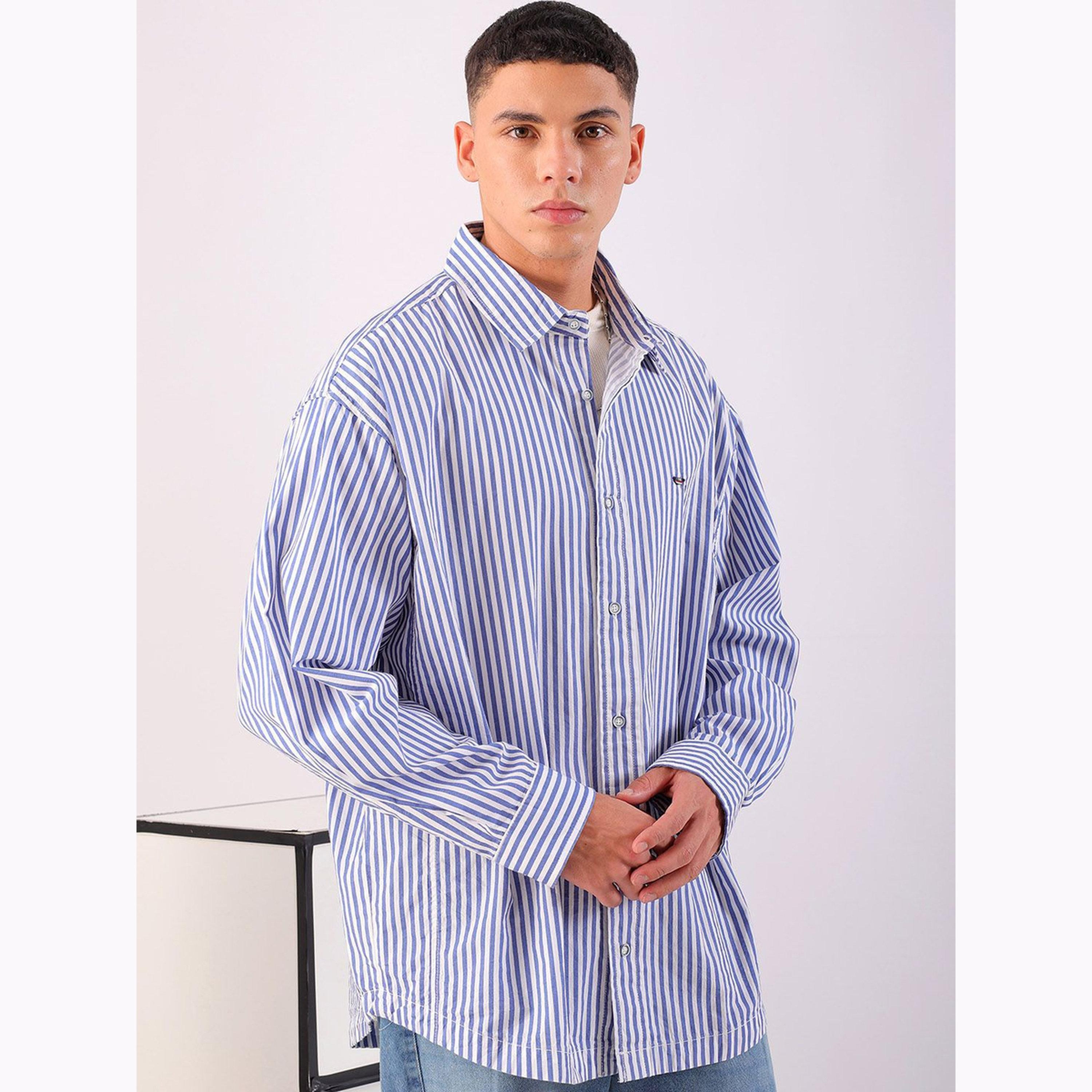The Indian Garage Co X Styli Men Blue Oversized Striped Shirt-men-clothing-shirts-image-1