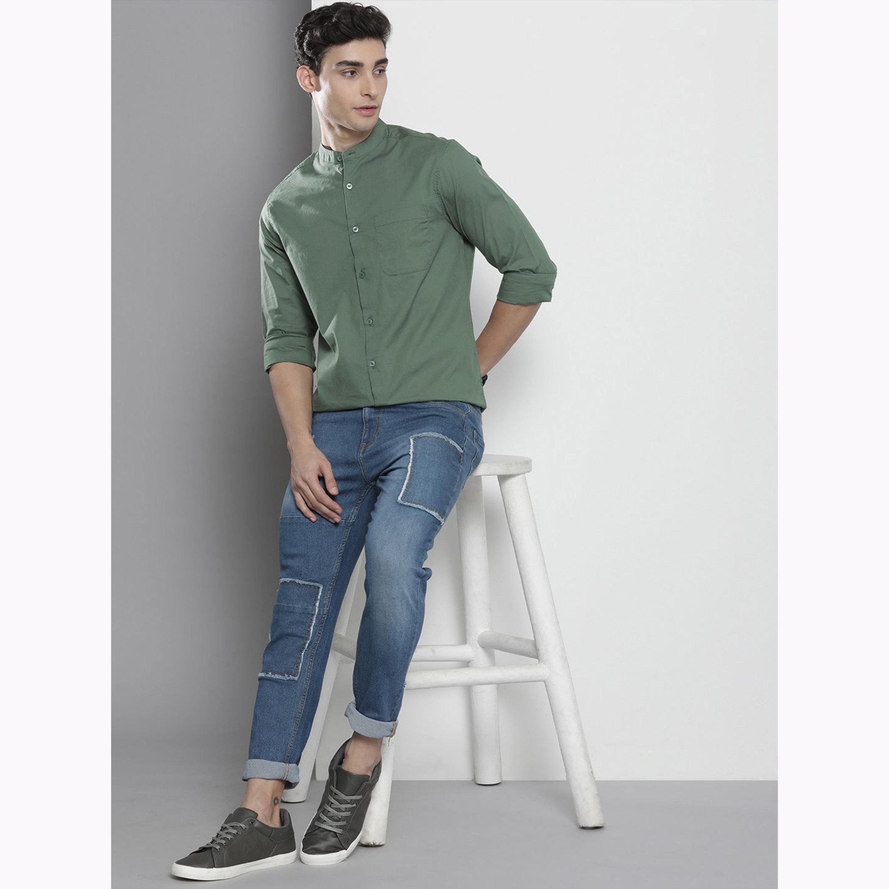The Indian Garage Co X Styli Men Olive Green Regular Fit Solid Shirt-men-clothing-shirts-image-2