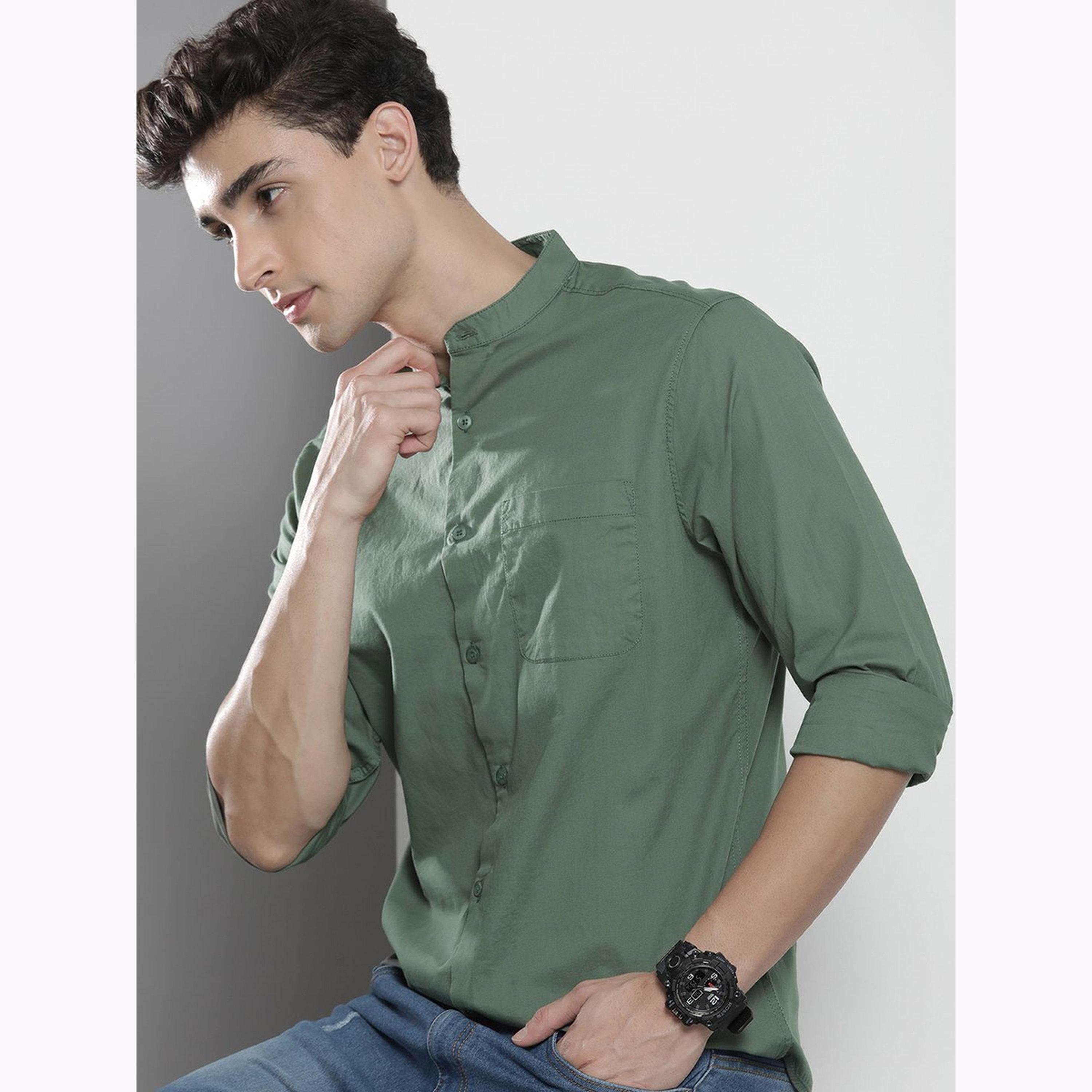 The Indian Garage Co X Styli Men Olive Green Regular Fit Solid Shirt-men-clothing-shirts-image-6