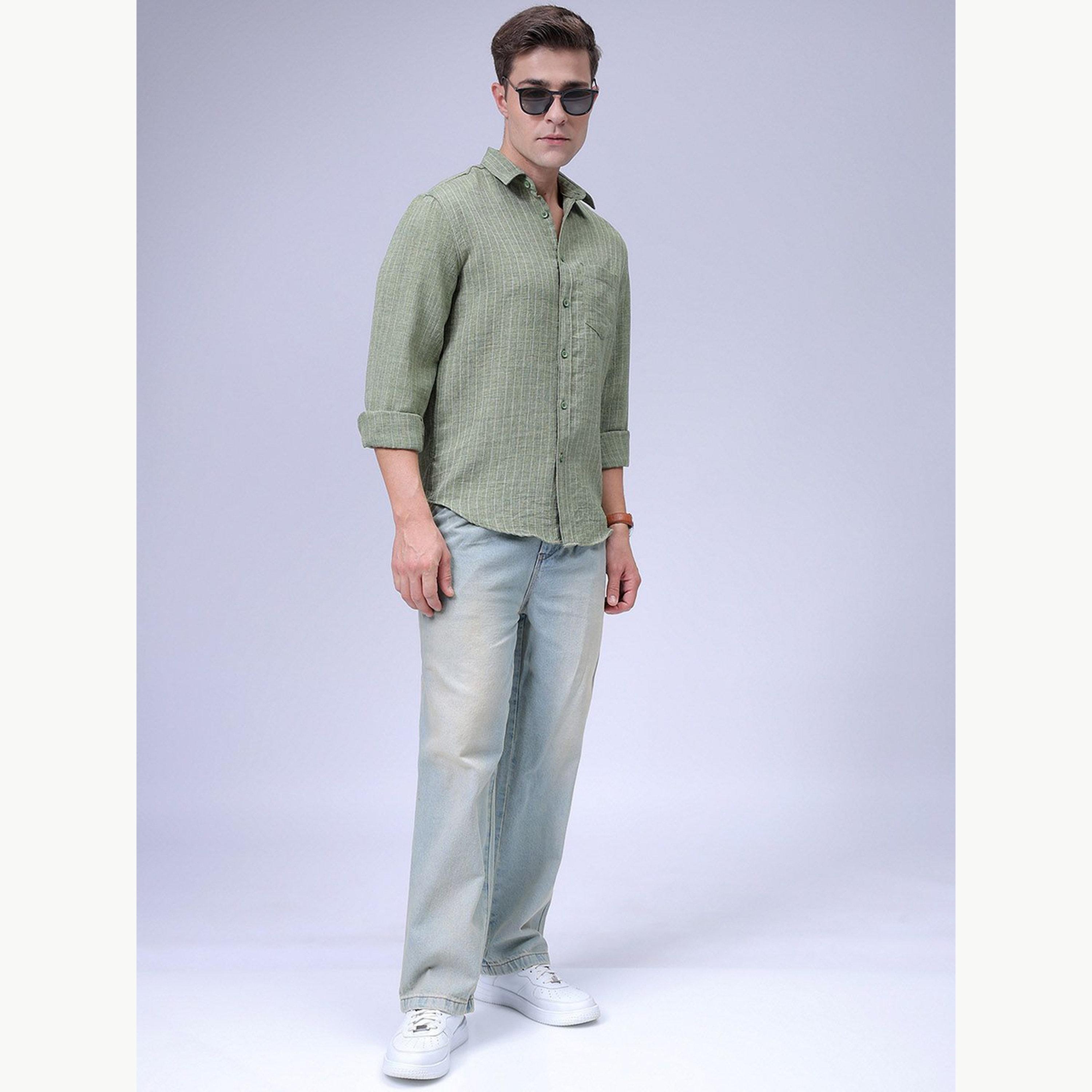 The Indian Garage Co X Styli Men Green Slim Fit Striped Shirt-men-clothing-shirts-image-2